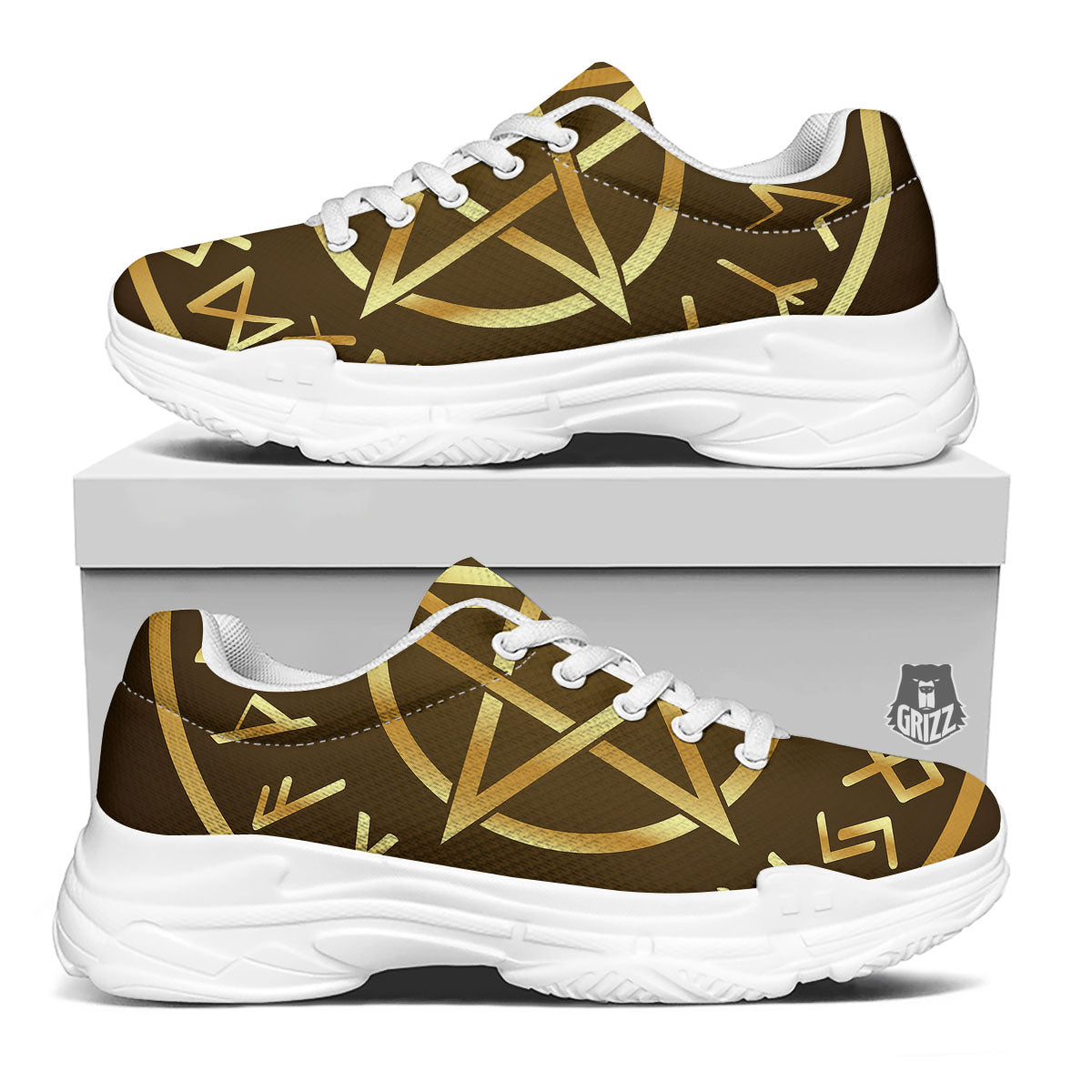 Runes Pentagram Viking Nordic Print White Chunky Shoes-grizzshop