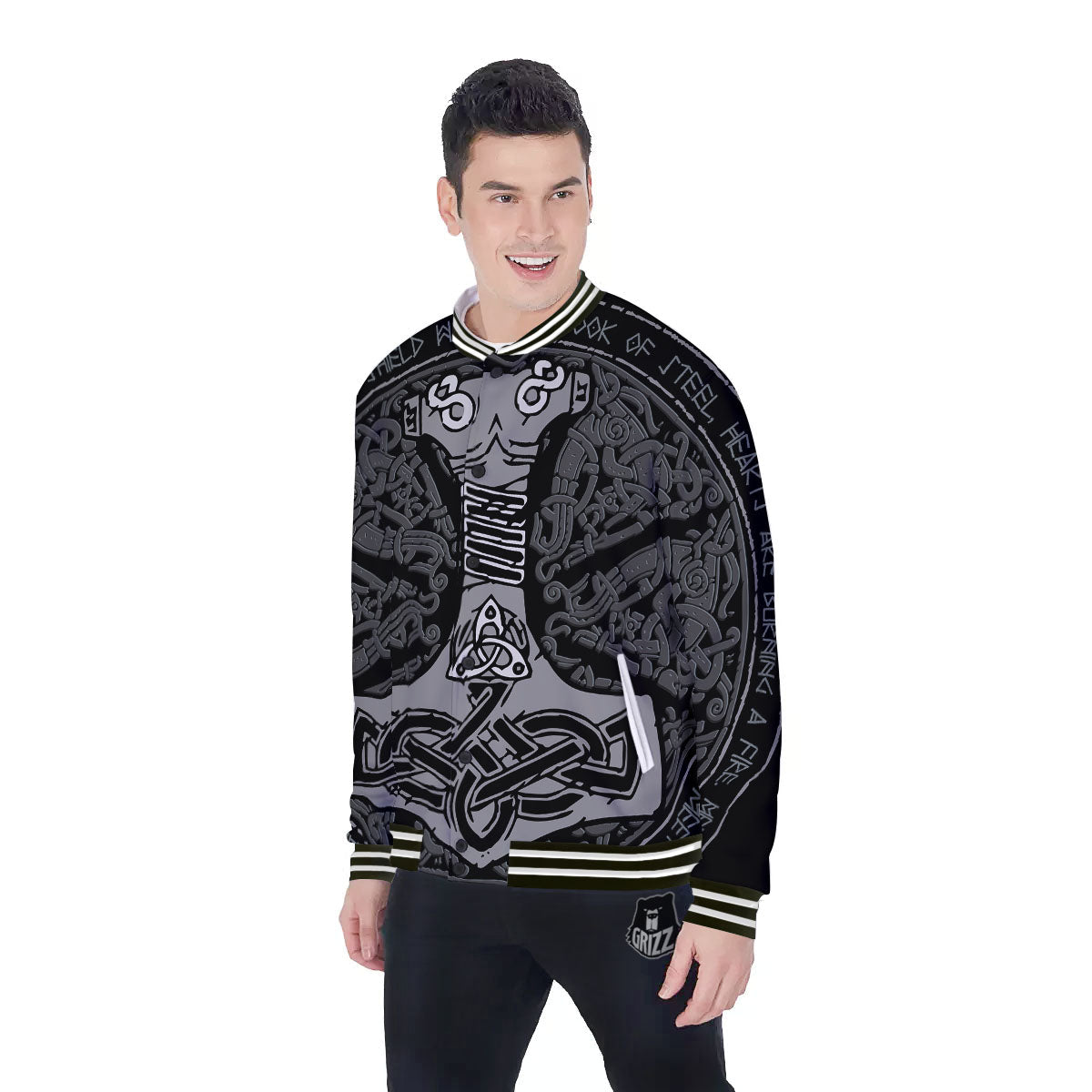 Runes Scandinavian And Mjolnir Print Baseball Jacket-grizzshop