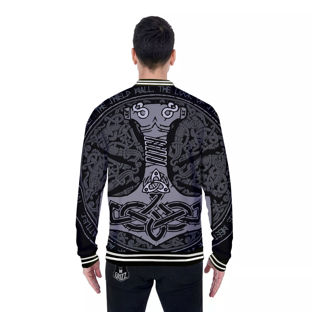 Runes Scandinavian And Mjolnir Print Baseball Jacket-grizzshop