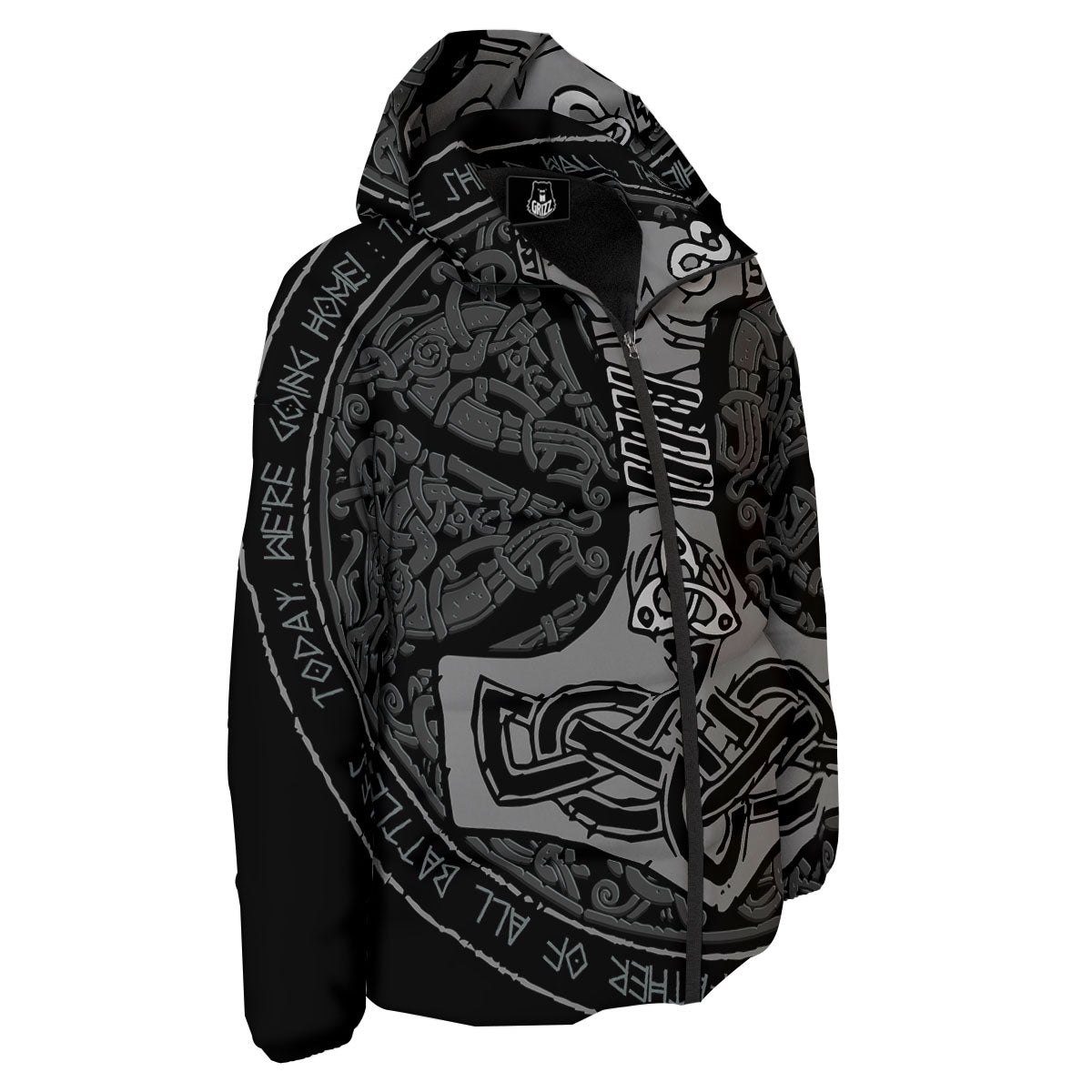 Runes Scandinavian And Mjolnir Print Down Jacket-grizzshop