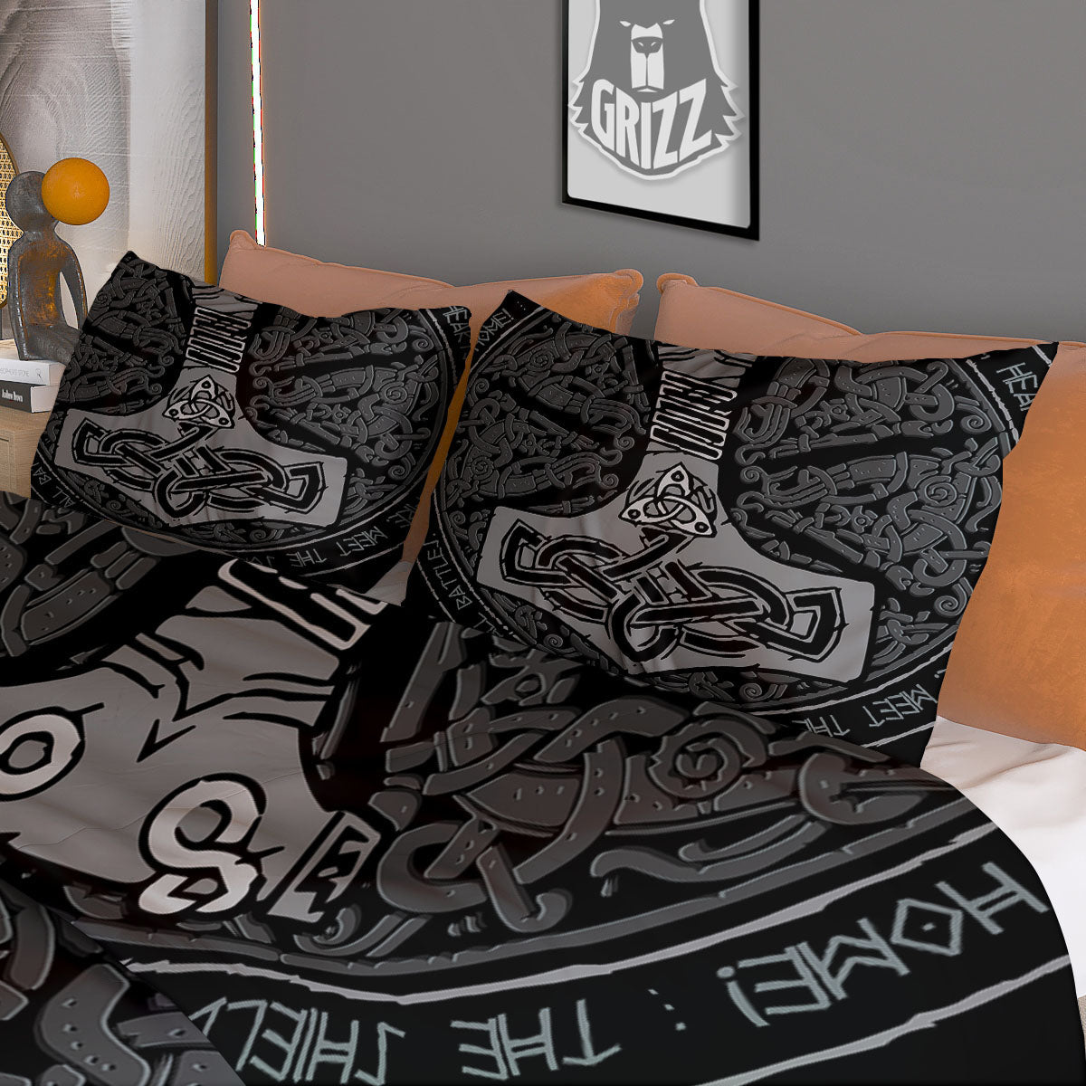 Runes Scandinavian And Mjolnir Print Duvet Cover Bedding Set