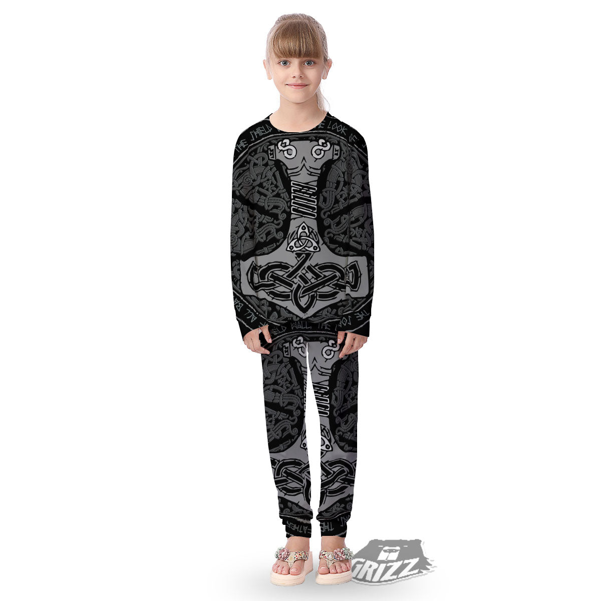 Runes Scandinavian And Mjolnir Print Kid's Pajamas-grizzshop