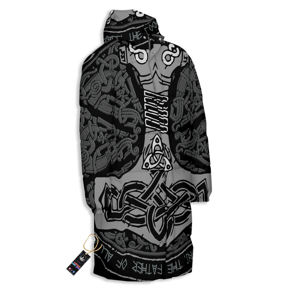 Runes Scandinavian And Mjolnir Print Long Down Jacket-grizzshop