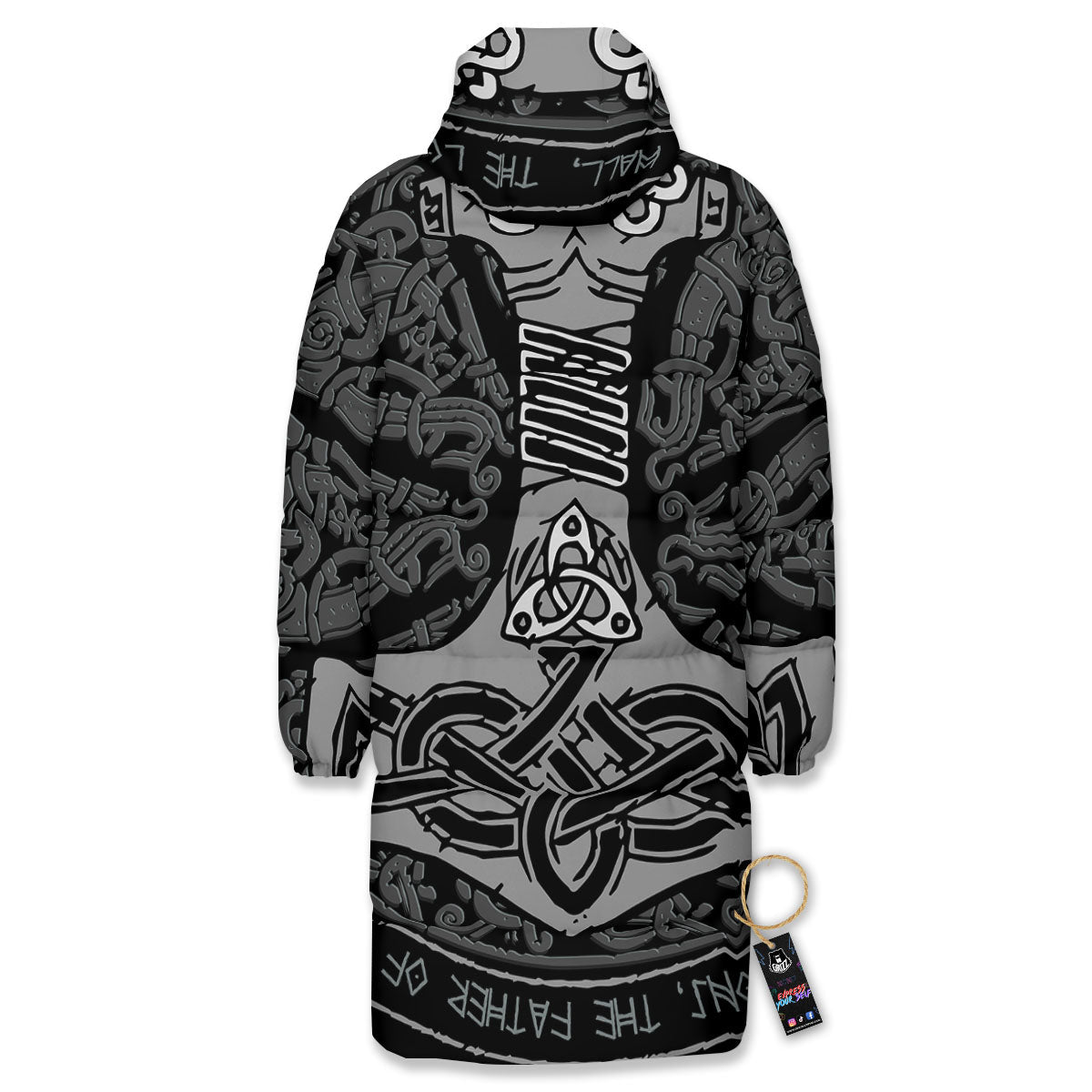 Runes Scandinavian And Mjolnir Print Long Down Jacket-grizzshop