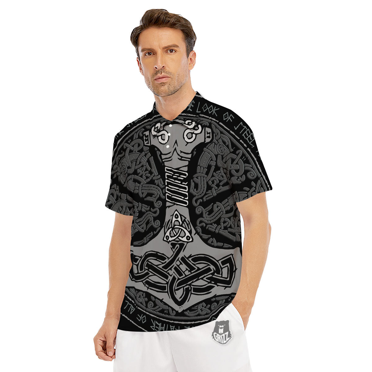 Runes Scandinavian And Mjolnir Print Men's Golf Shirts-grizzshop