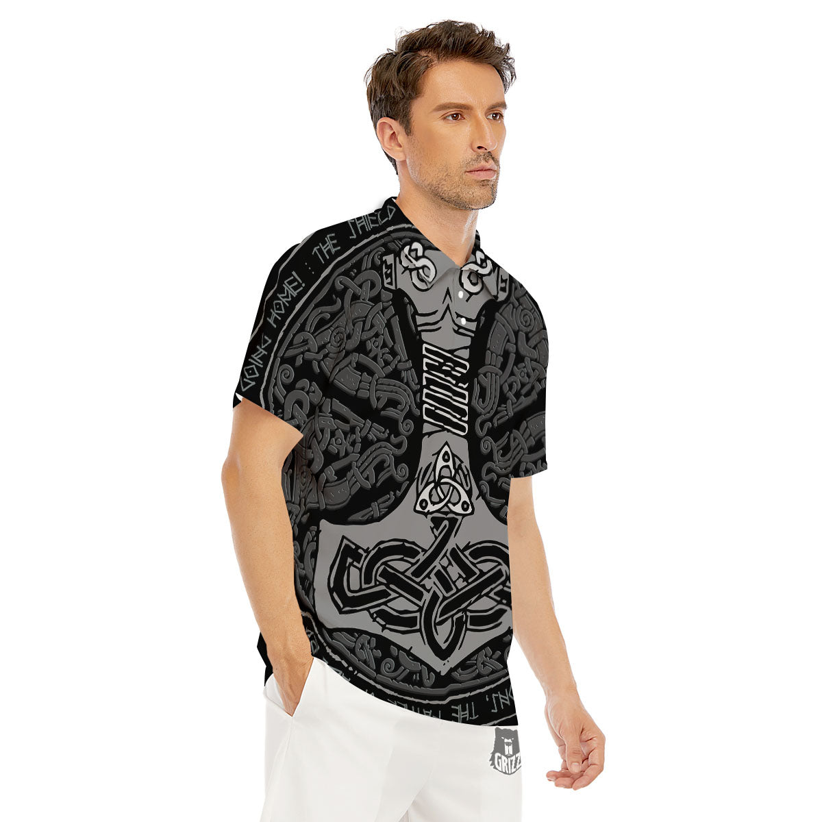 Runes Scandinavian And Mjolnir Print Men's Golf Shirts-grizzshop