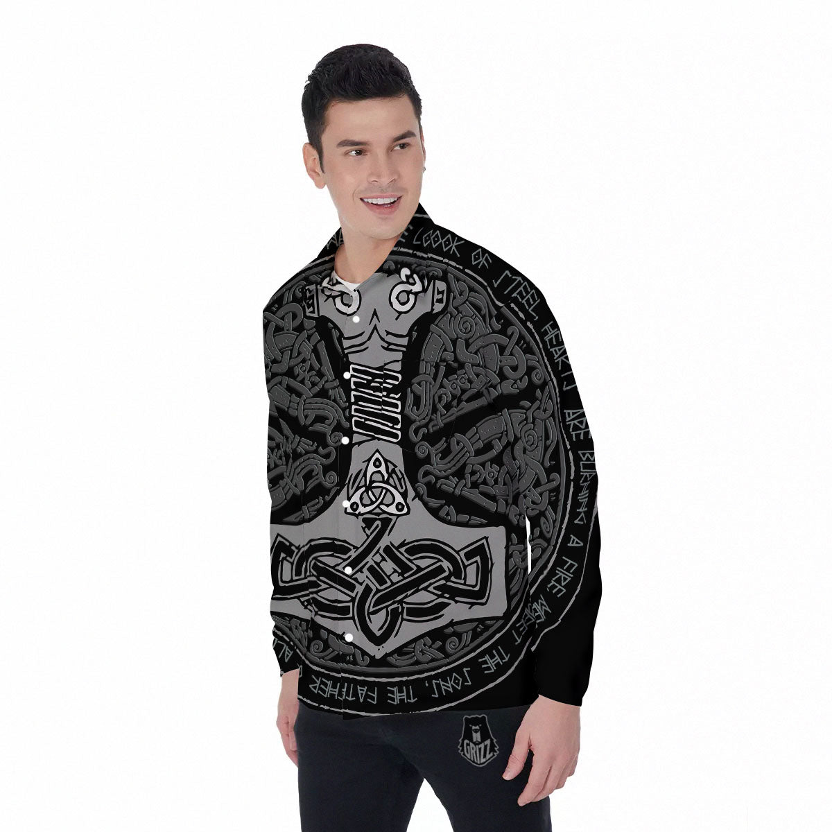 Runes Scandinavian And Mjolnir Print Men's Long Sleeve Shirts-grizzshop