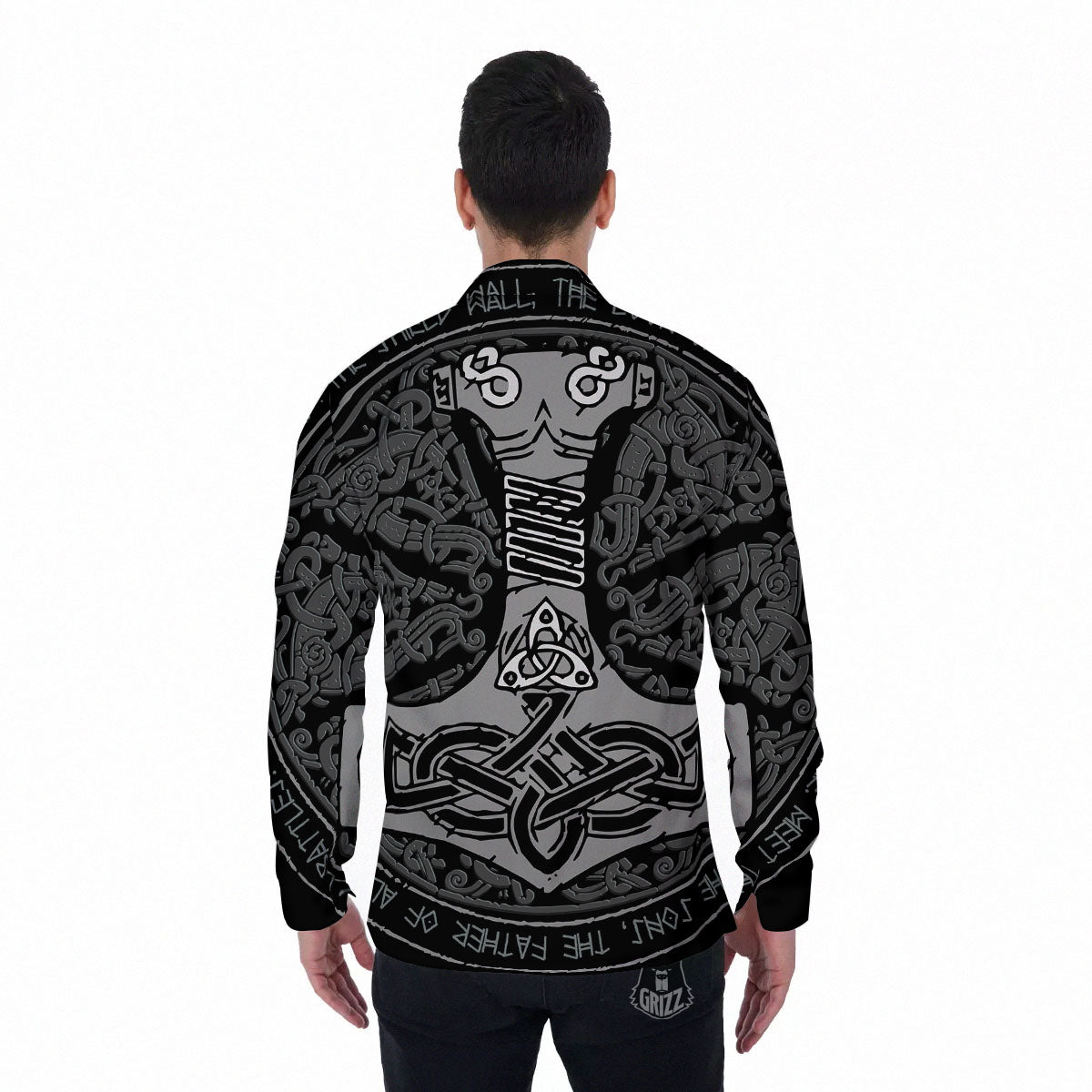 Runes Scandinavian And Mjolnir Print Men's Long Sleeve Shirts-grizzshop