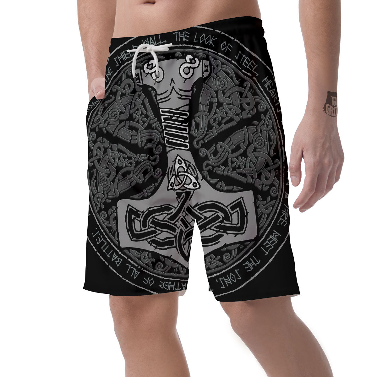 Runes Scandinavian And Mjolnir Print Men's Shorts-grizzshop