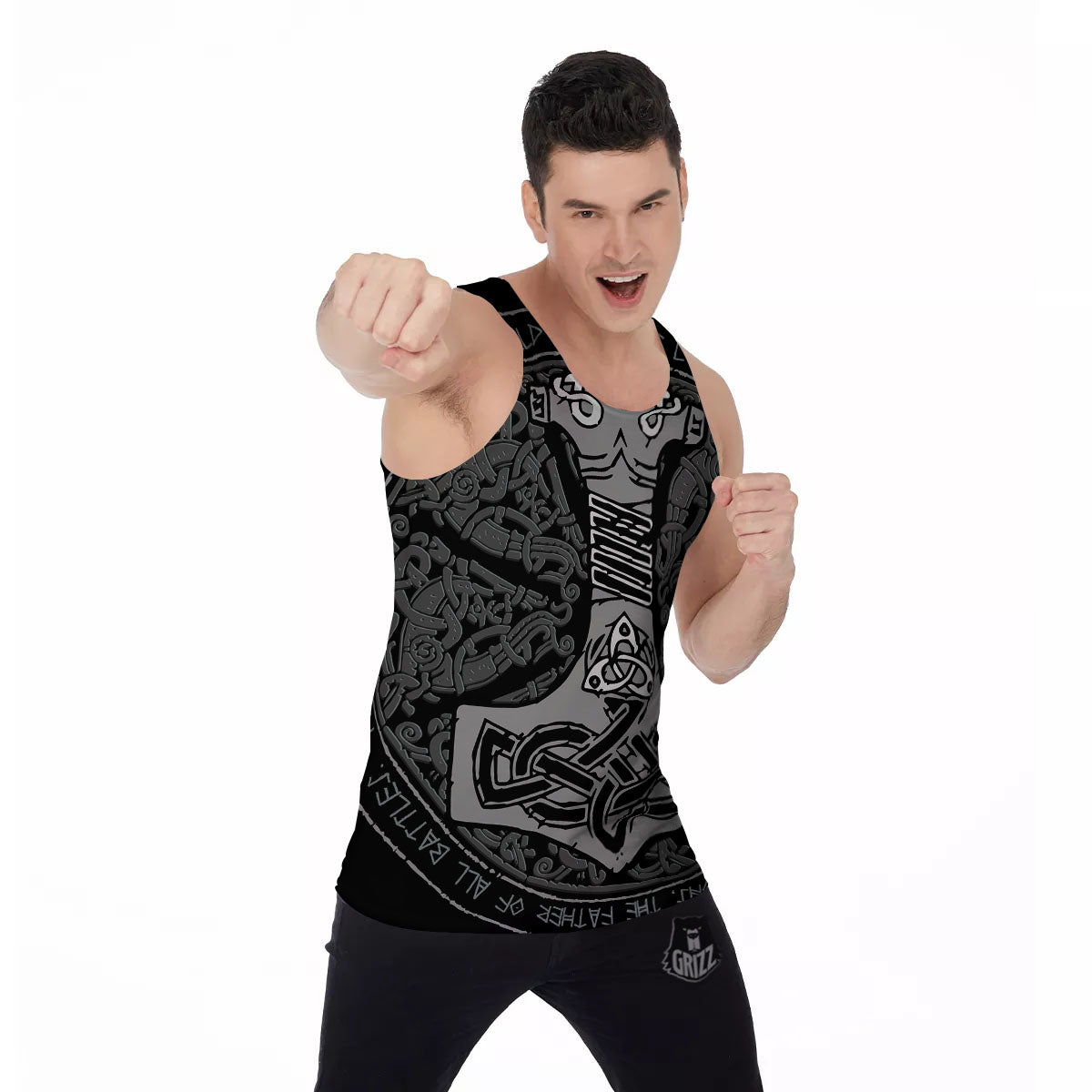 Runes Scandinavian And Mjolnir Print Men's Tank Top-grizzshop