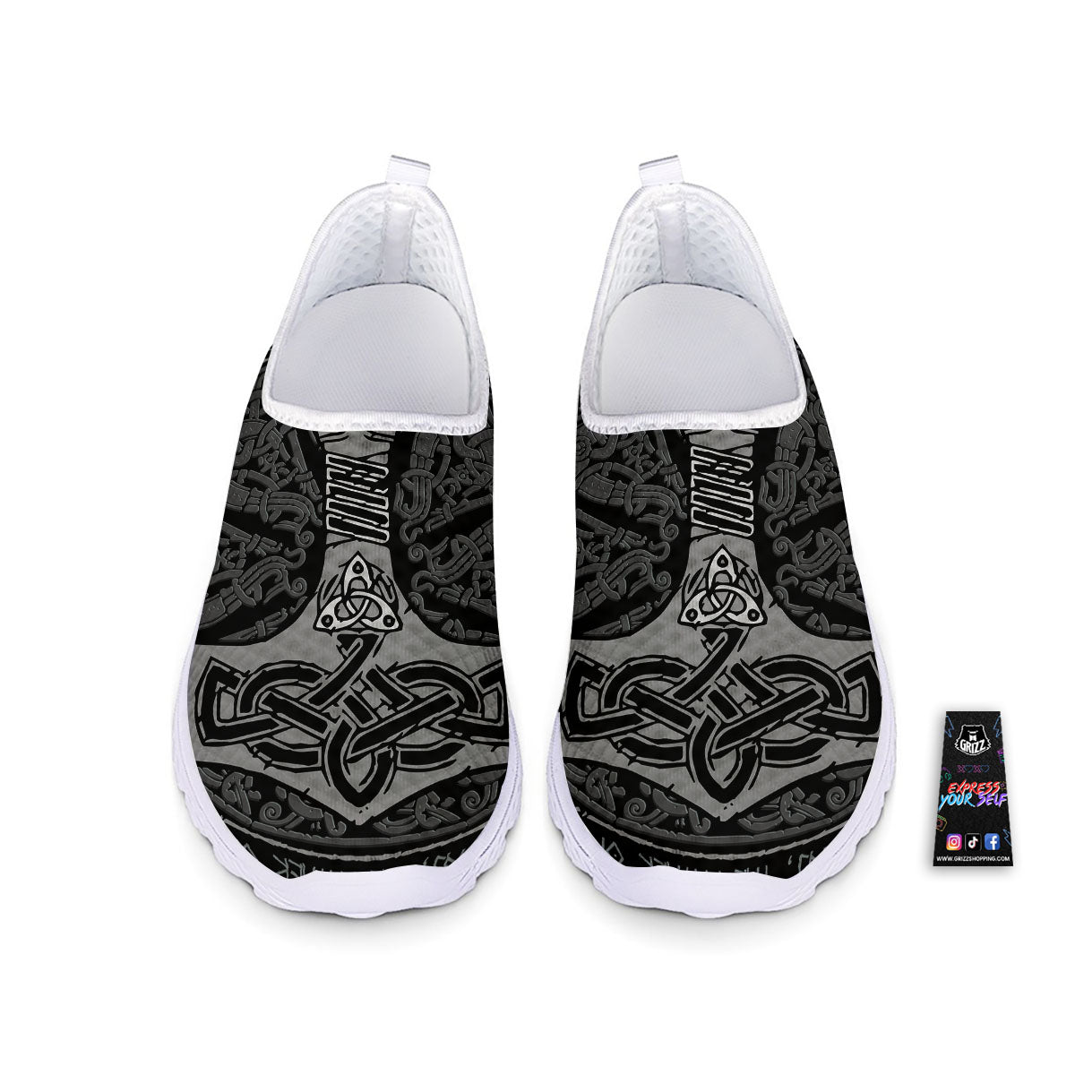 Runes Scandinavian And Mjolnir Print Nurse Shoes-grizzshop