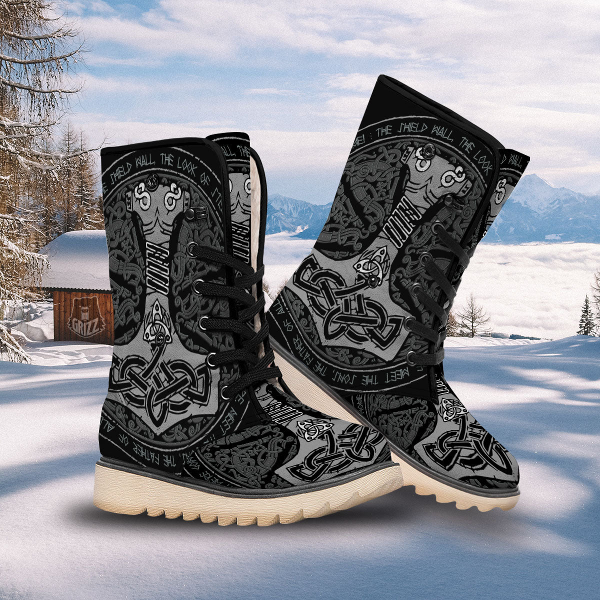 Runes Scandinavian And Mjolnir Print Snow Boots-grizzshop