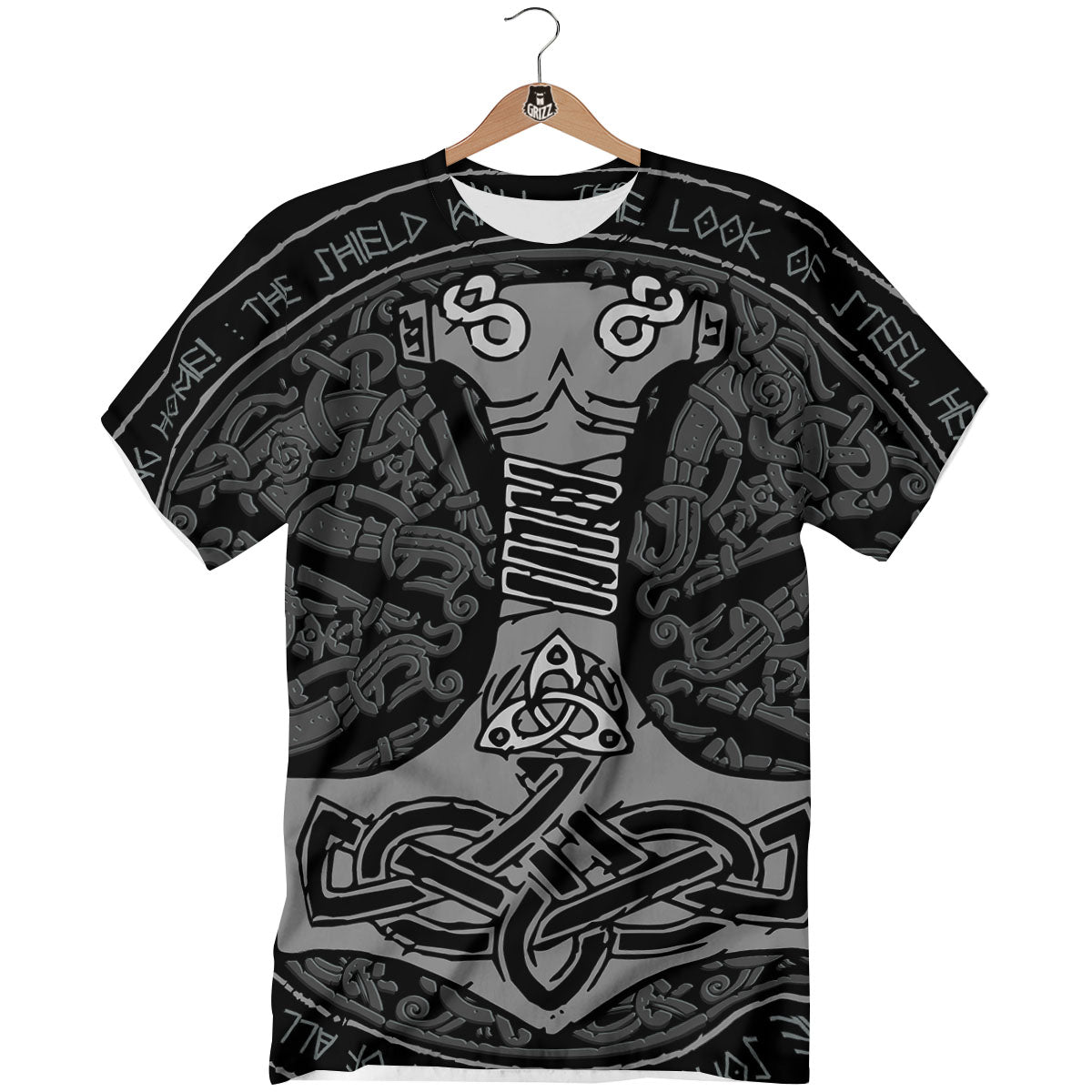 Runes Scandinavian And Mjolnir Print T-Shirt-grizzshop