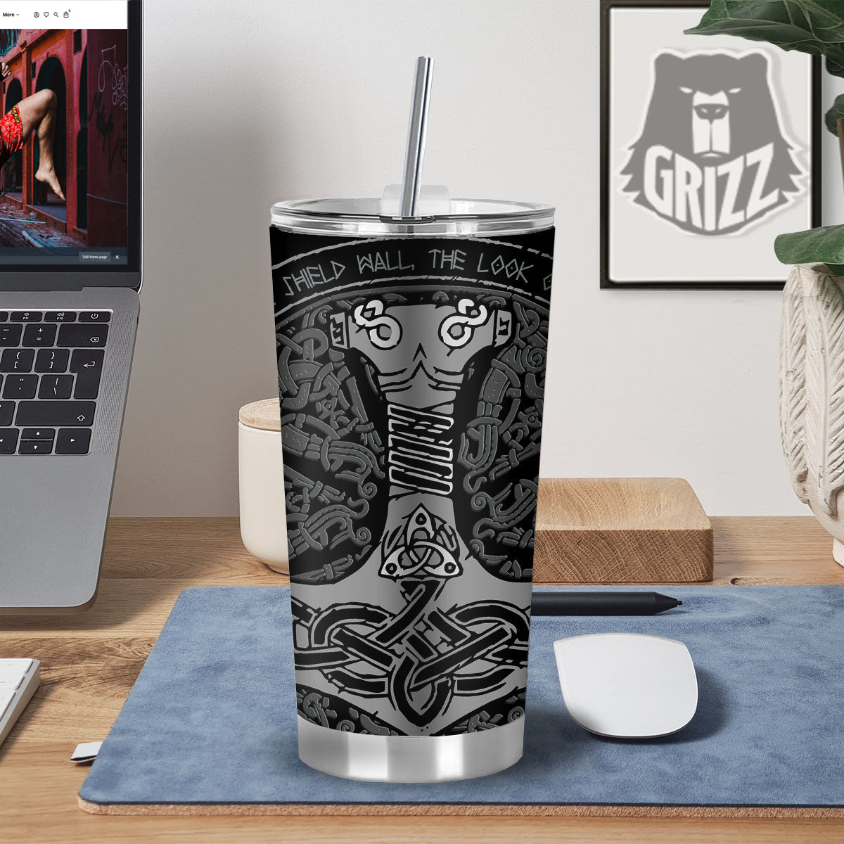 Runes Scandinavian And Mjolnir Print Tumbler-grizzshop