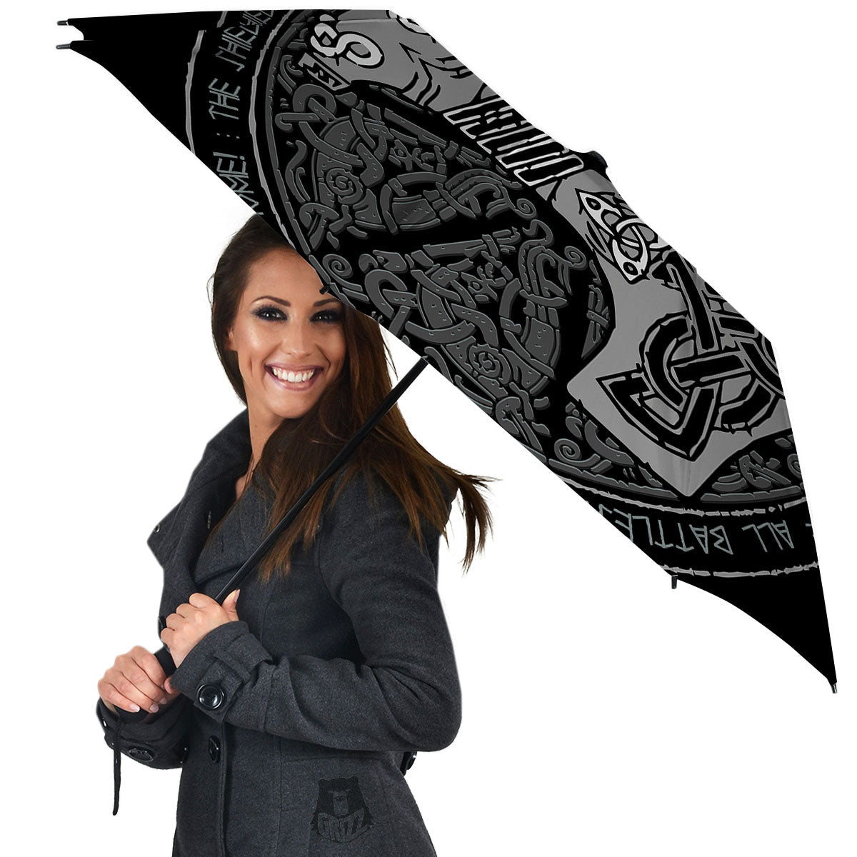 Runes Scandinavian And Mjolnir Print Umbrella-grizzshop