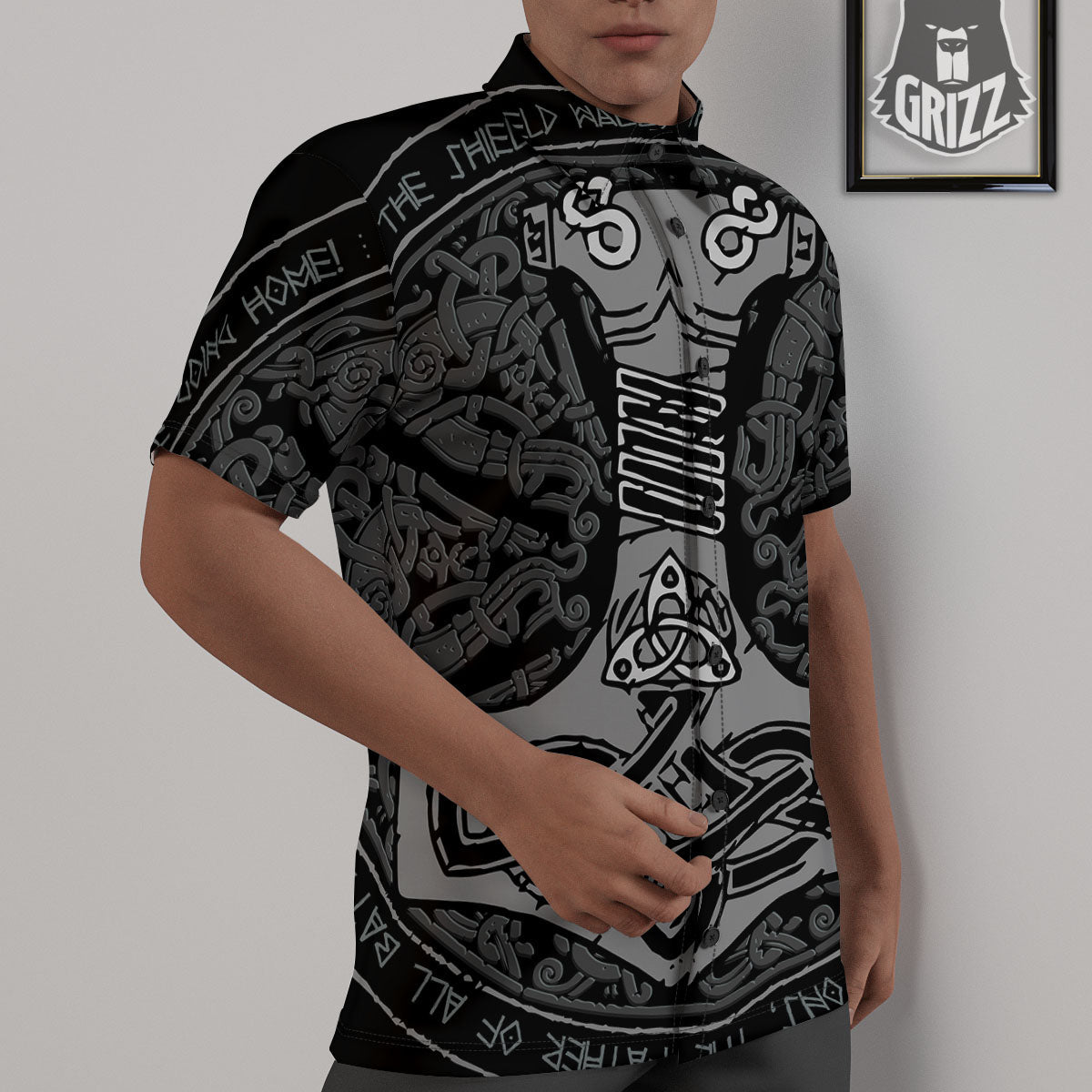 Runes Scandinavian And Mjolnir Print Untucked Shirts-grizzshop
