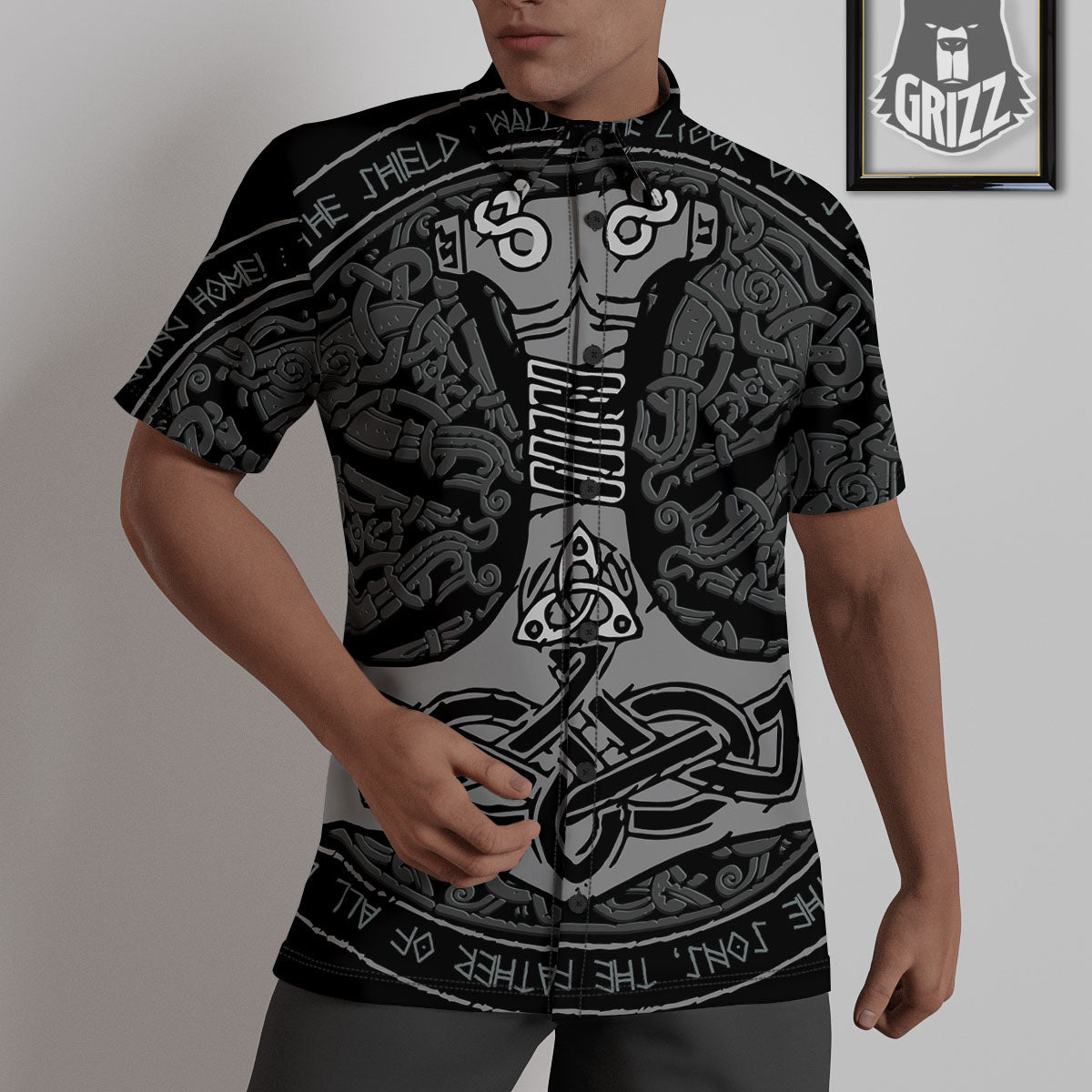 Runes Scandinavian And Mjolnir Print Untucked Shirts-grizzshop