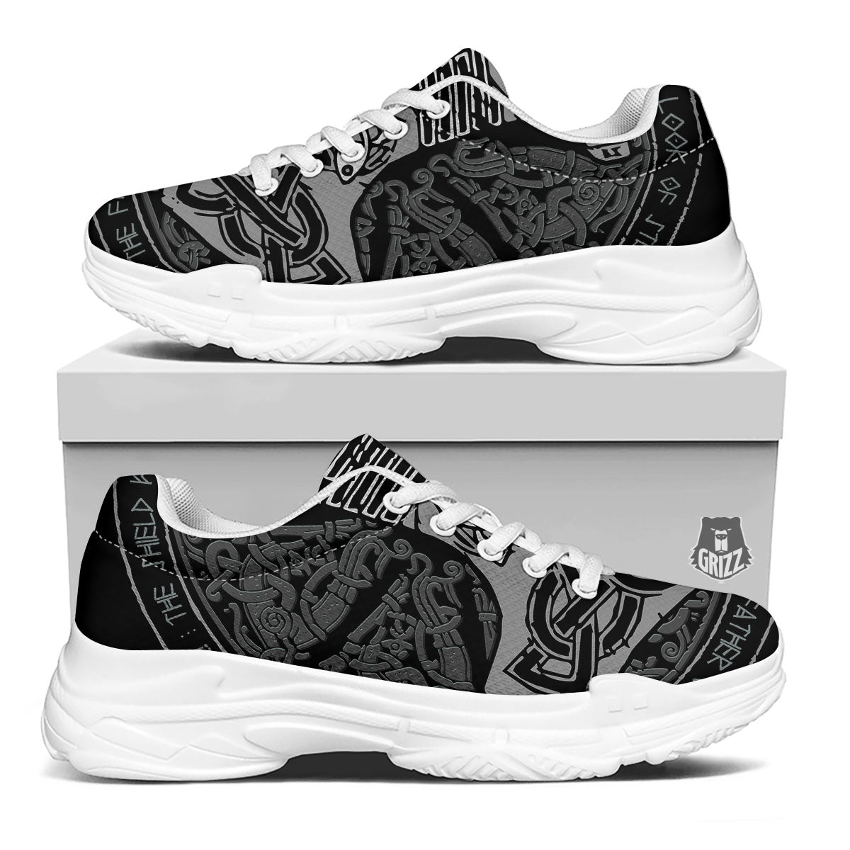 Runes Scandinavian And Mjolnir Print White Chunky Shoes-grizzshop