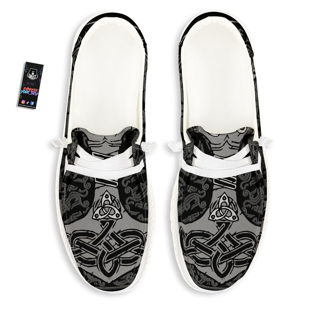 Runes Scandinavian And Mjolnir Print White Loafers-grizzshop