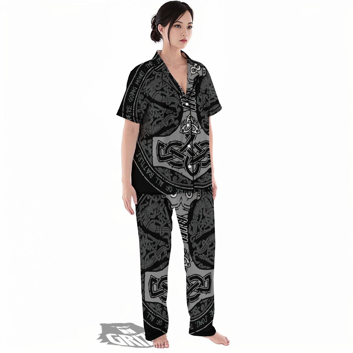 Runes Scandinavian And Mjolnir Print Women's Pajamas Set-grizzshop