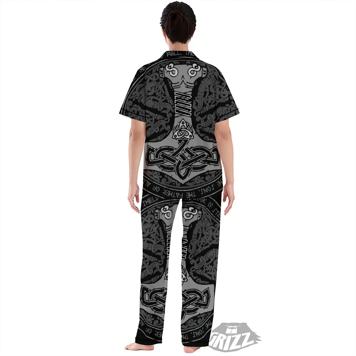 Runes Scandinavian And Mjolnir Print Women's Pajamas Set-grizzshop