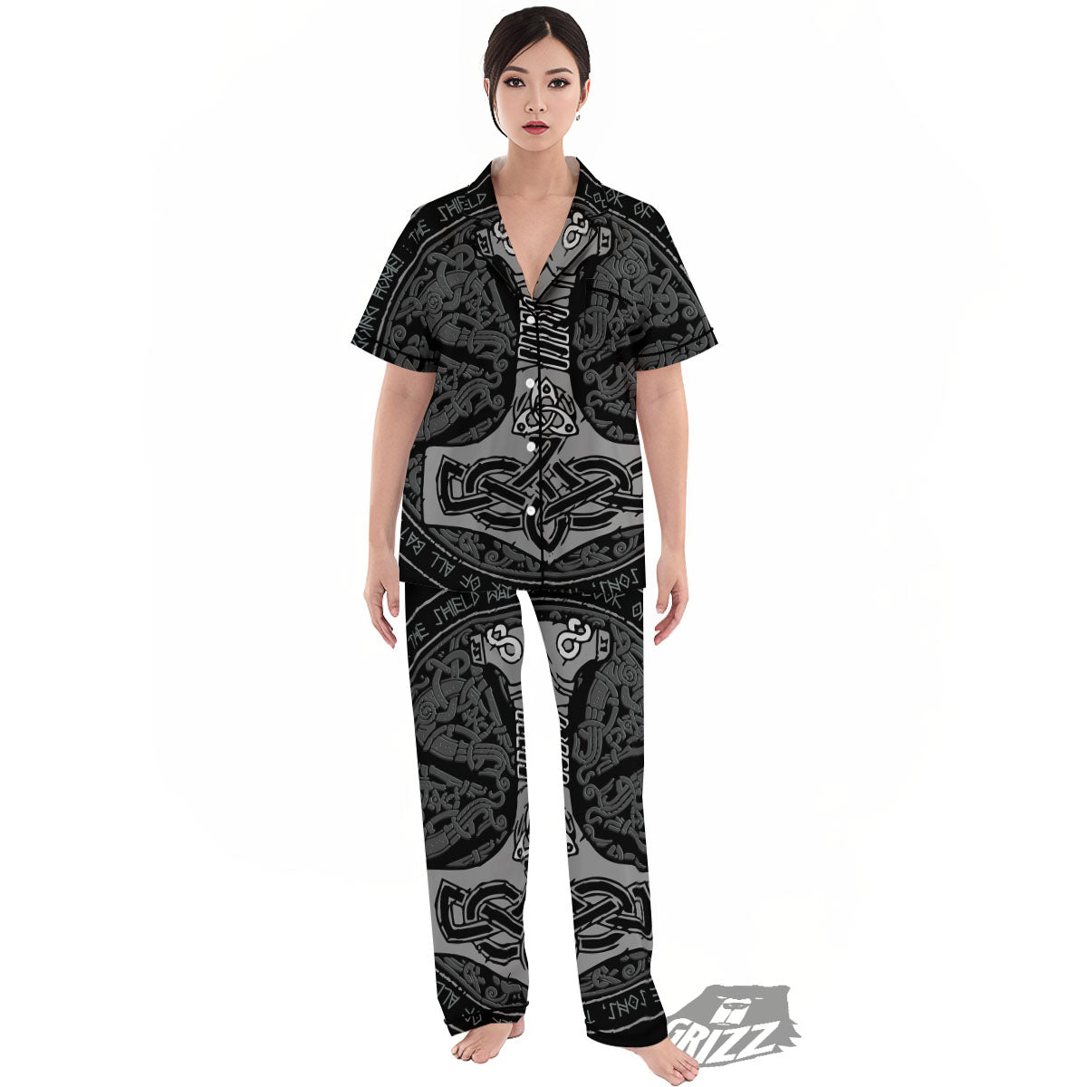 Runes Scandinavian And Mjolnir Print Women's Pajamas Set-grizzshop