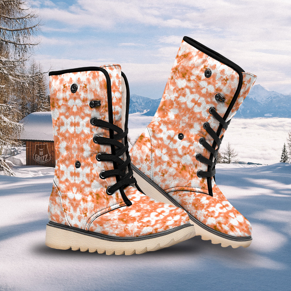 Rusty Tie Dye Orange Watercolor Print Snow Boots-grizzshop