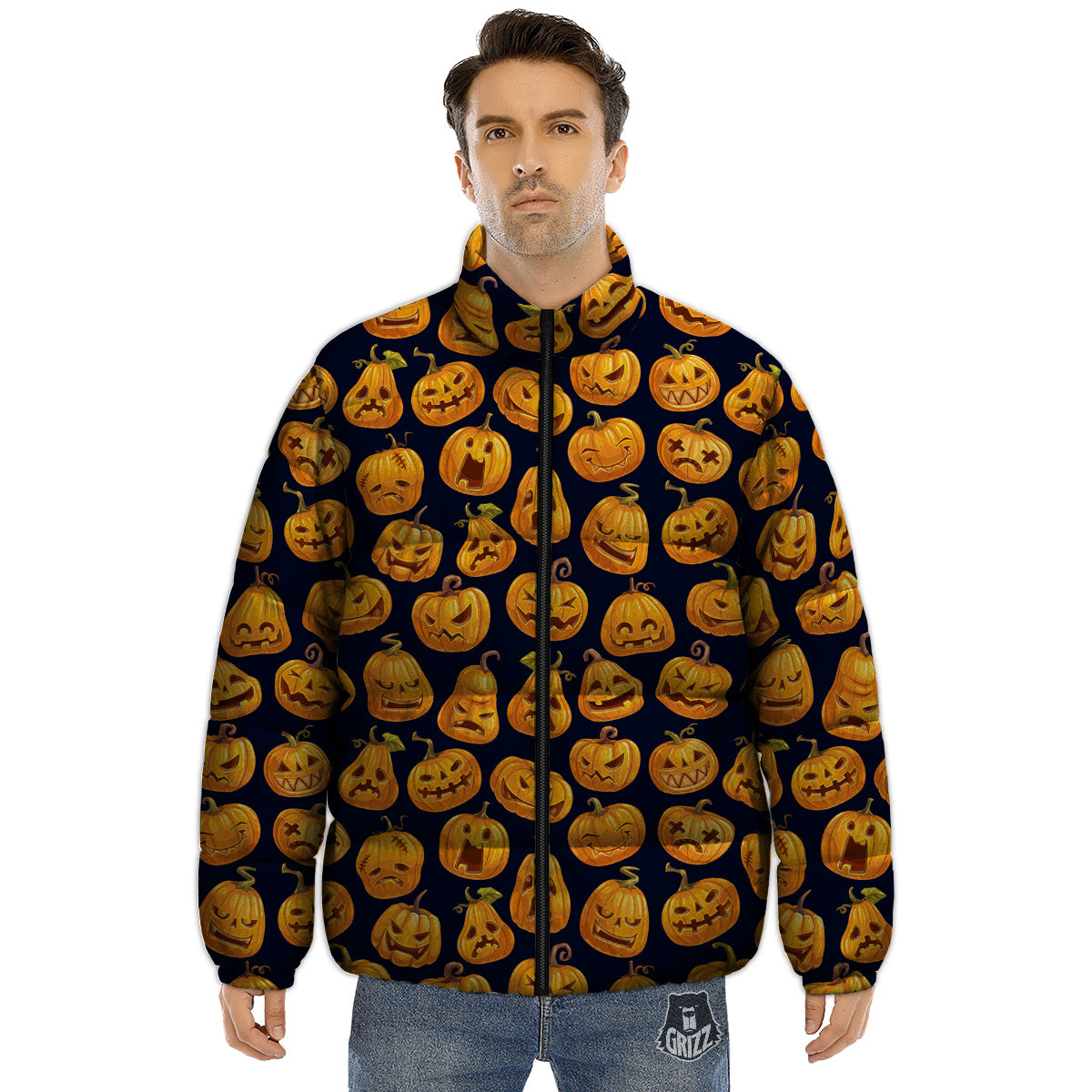 Sacry Halloween Pumpkins Print Pattern Puffer Jacket-grizzshop