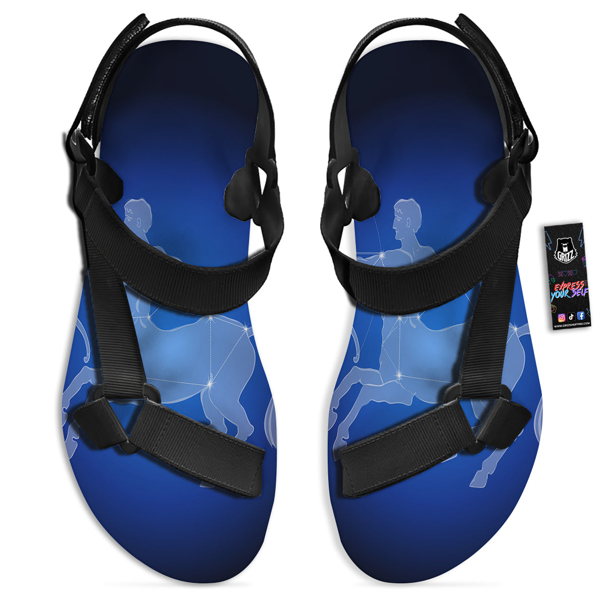 Sagittarius Constellation Print Black Open Toe Sandals-grizzshop