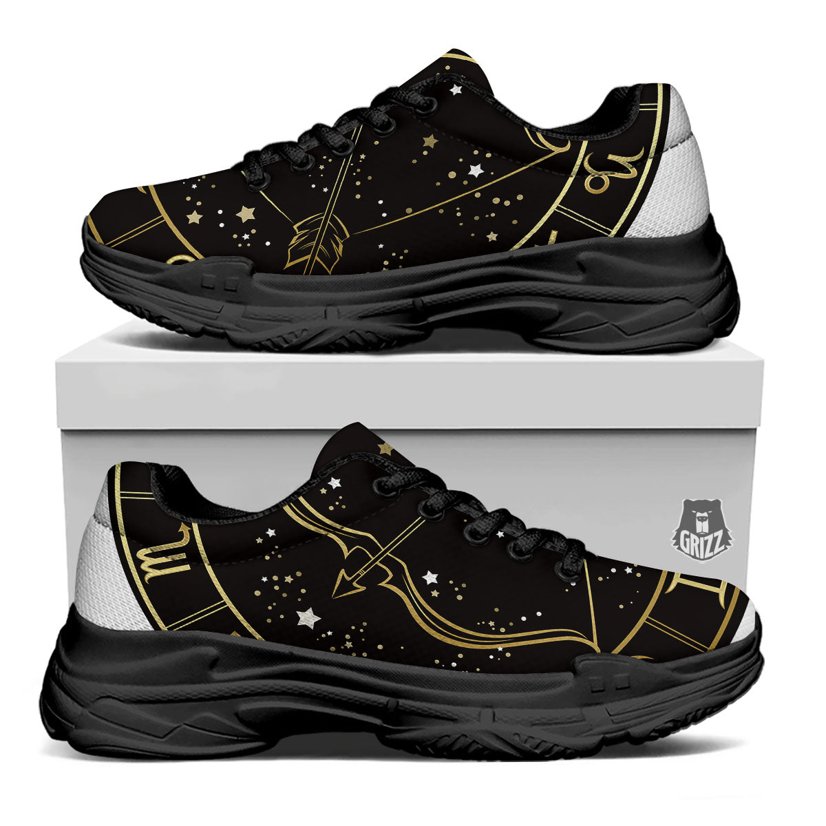 Sagittarius Sign Black And Gold Print Black Chunky Shoes-grizzshop