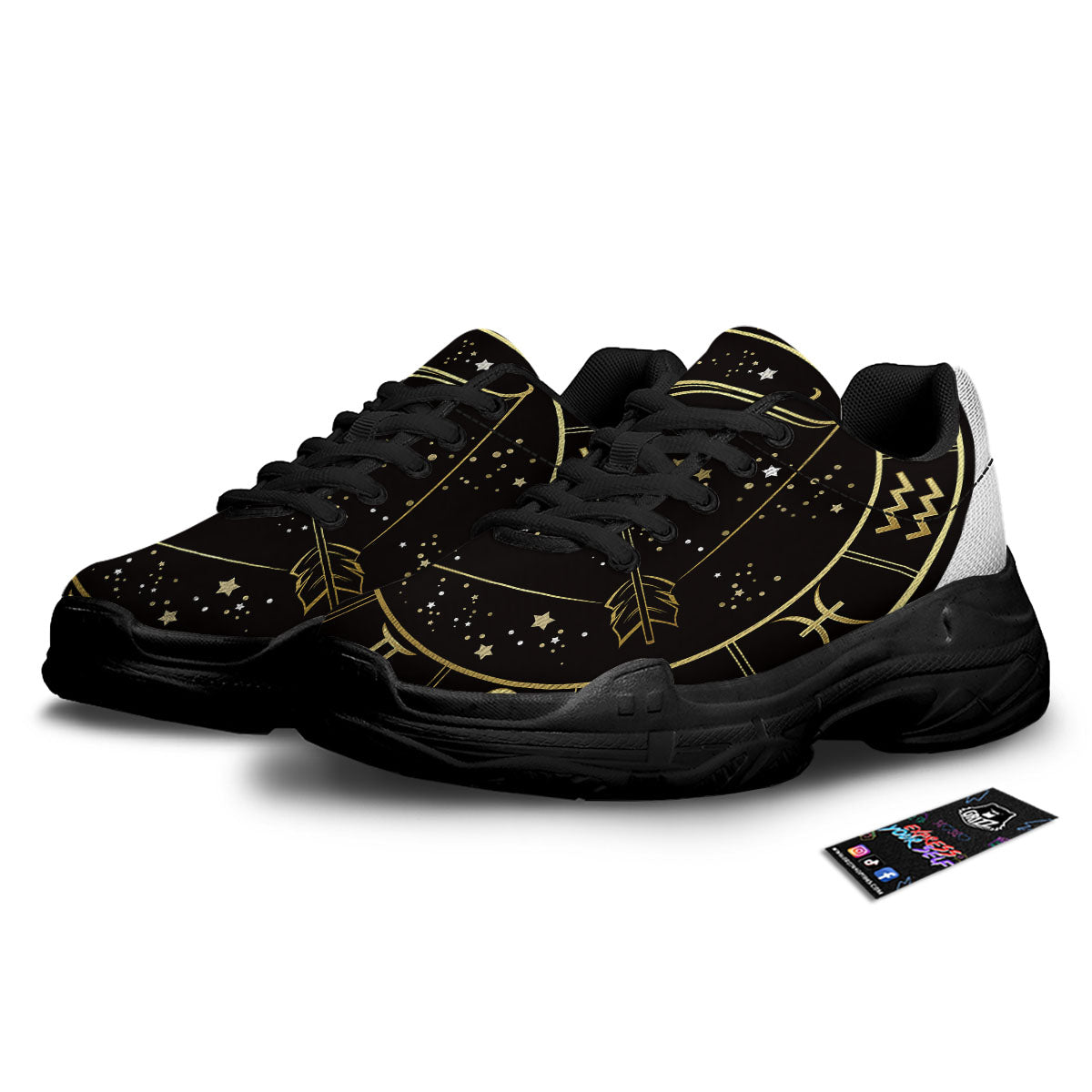 Sagittarius Sign Black And Gold Print Black Chunky Shoes-grizzshop