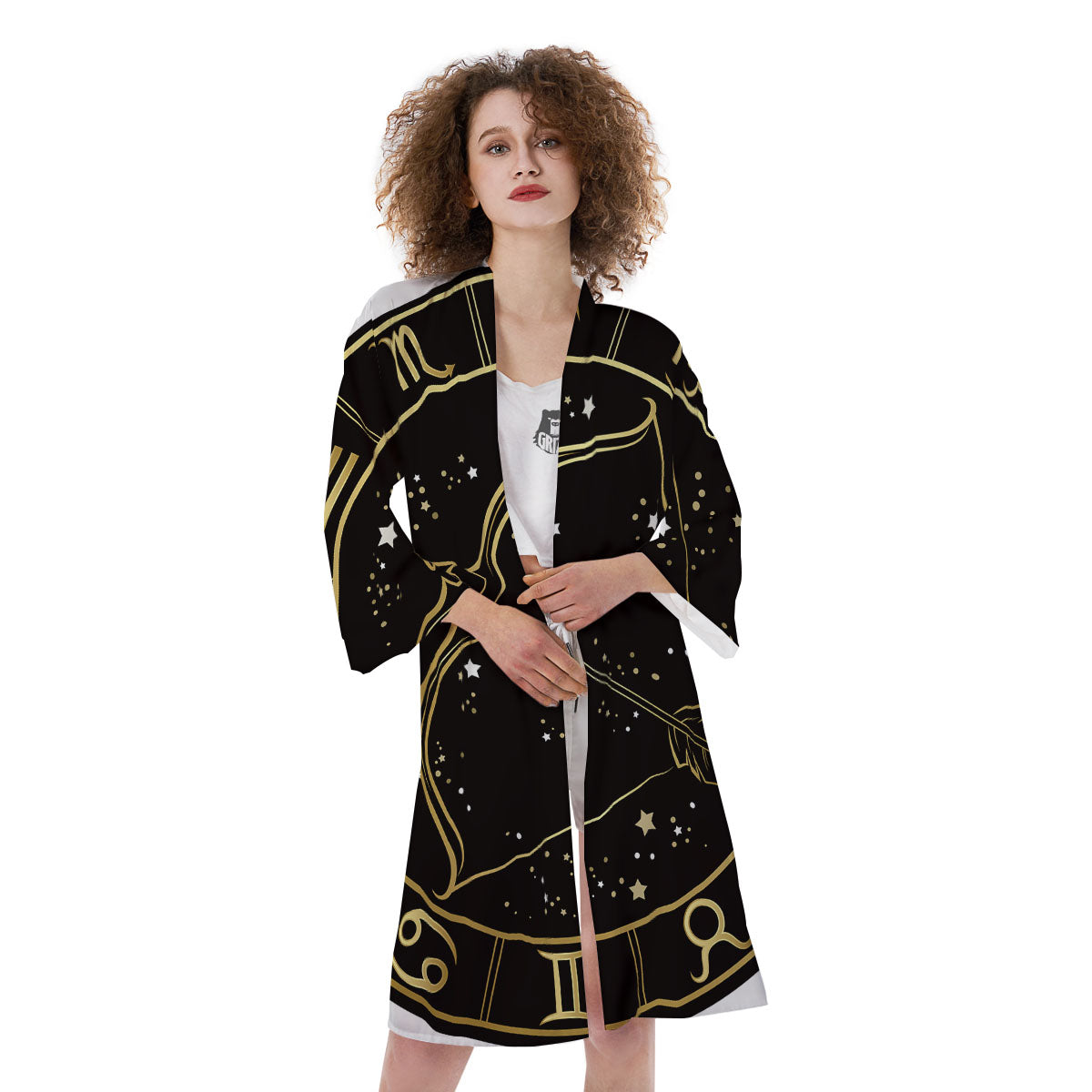 Sagittarius Sign Black And Gold Print Kimono-grizzshop