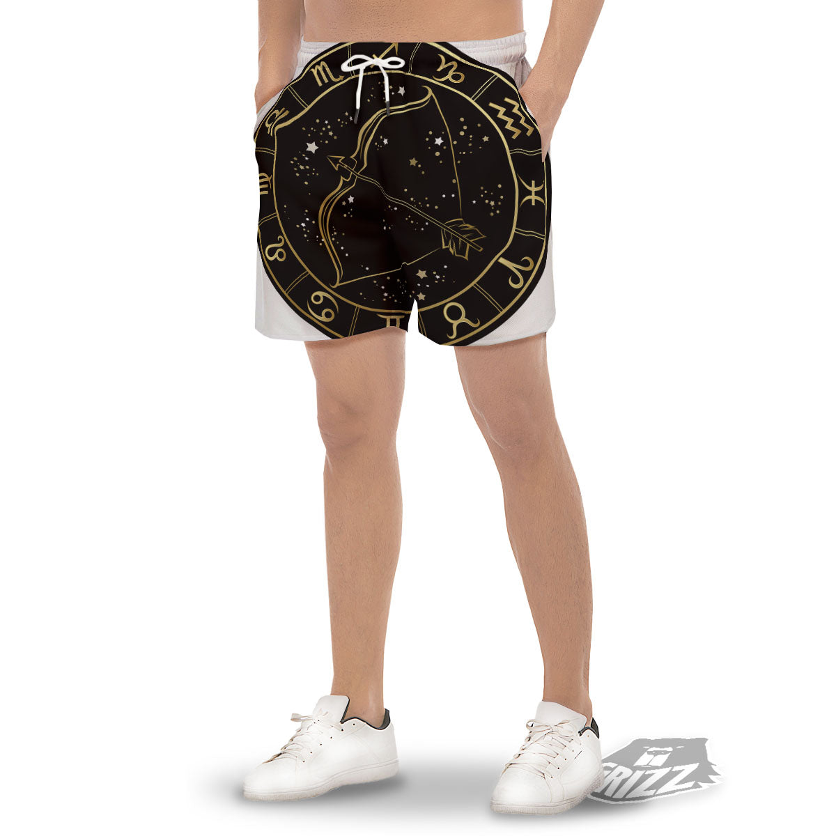 Sagittarius Sign Black And Gold Print Men's Gym Shorts-grizzshop