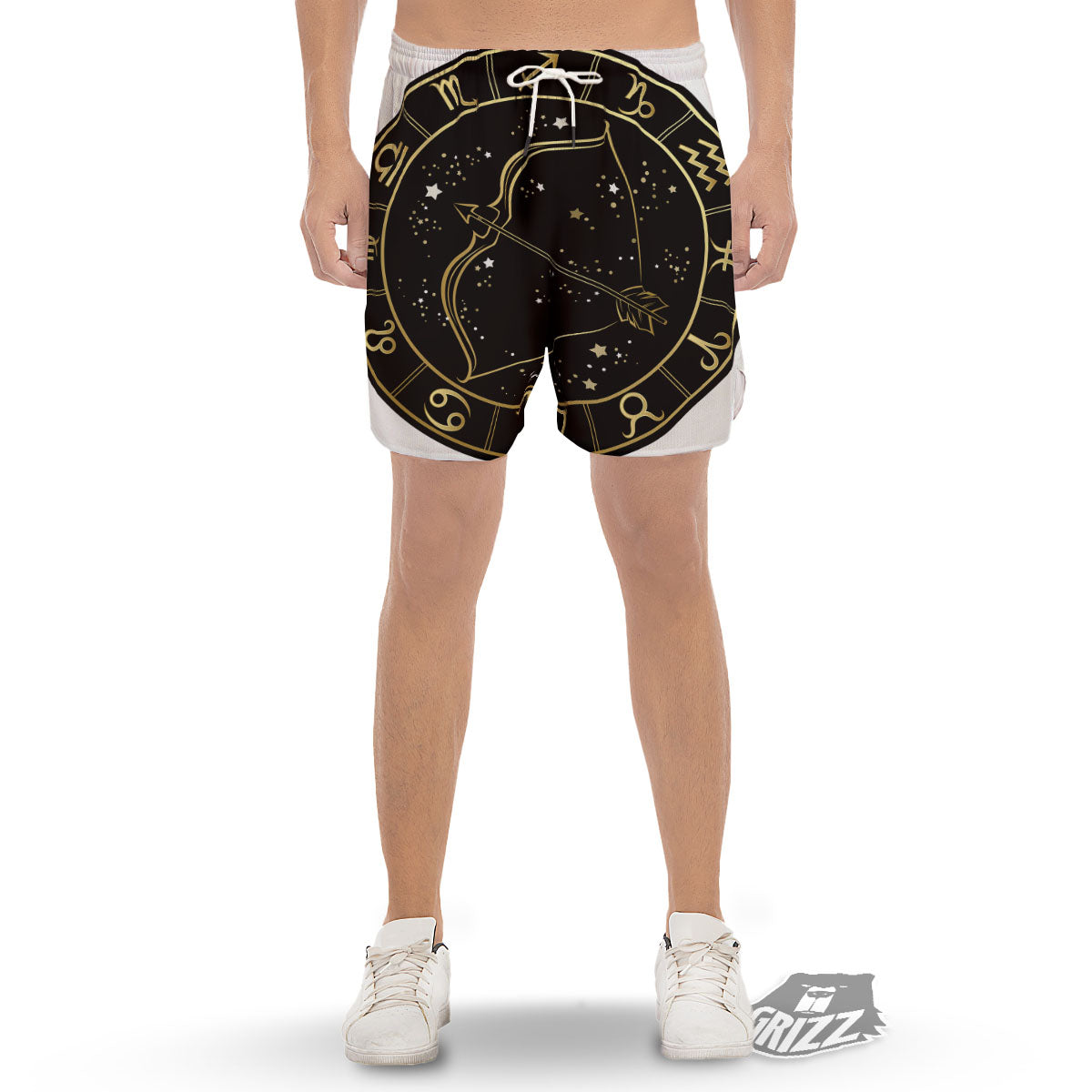 Sagittarius Sign Black And Gold Print Men's Gym Shorts-grizzshop