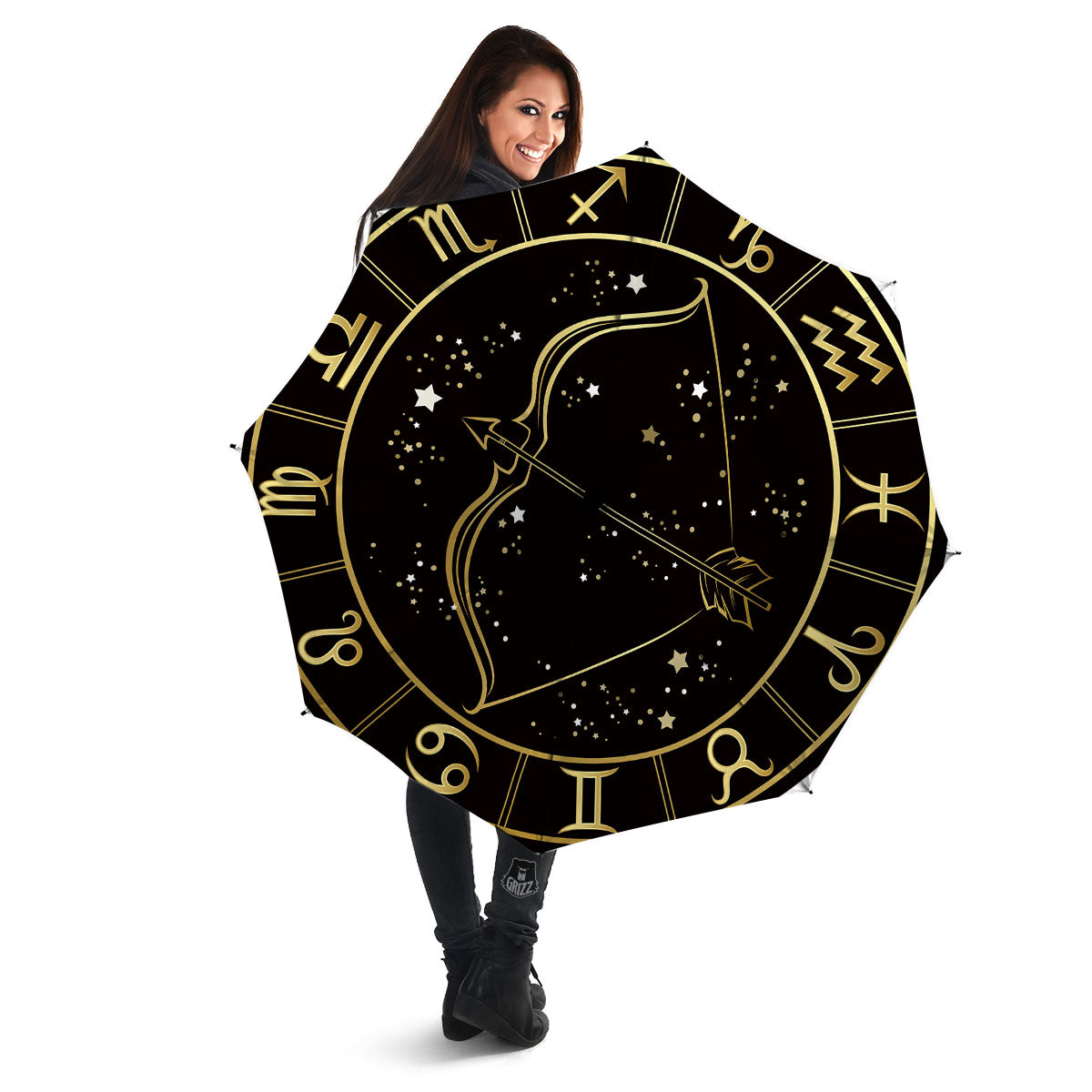 Sagittarius Sign Black And Gold Print Umbrella-grizzshop