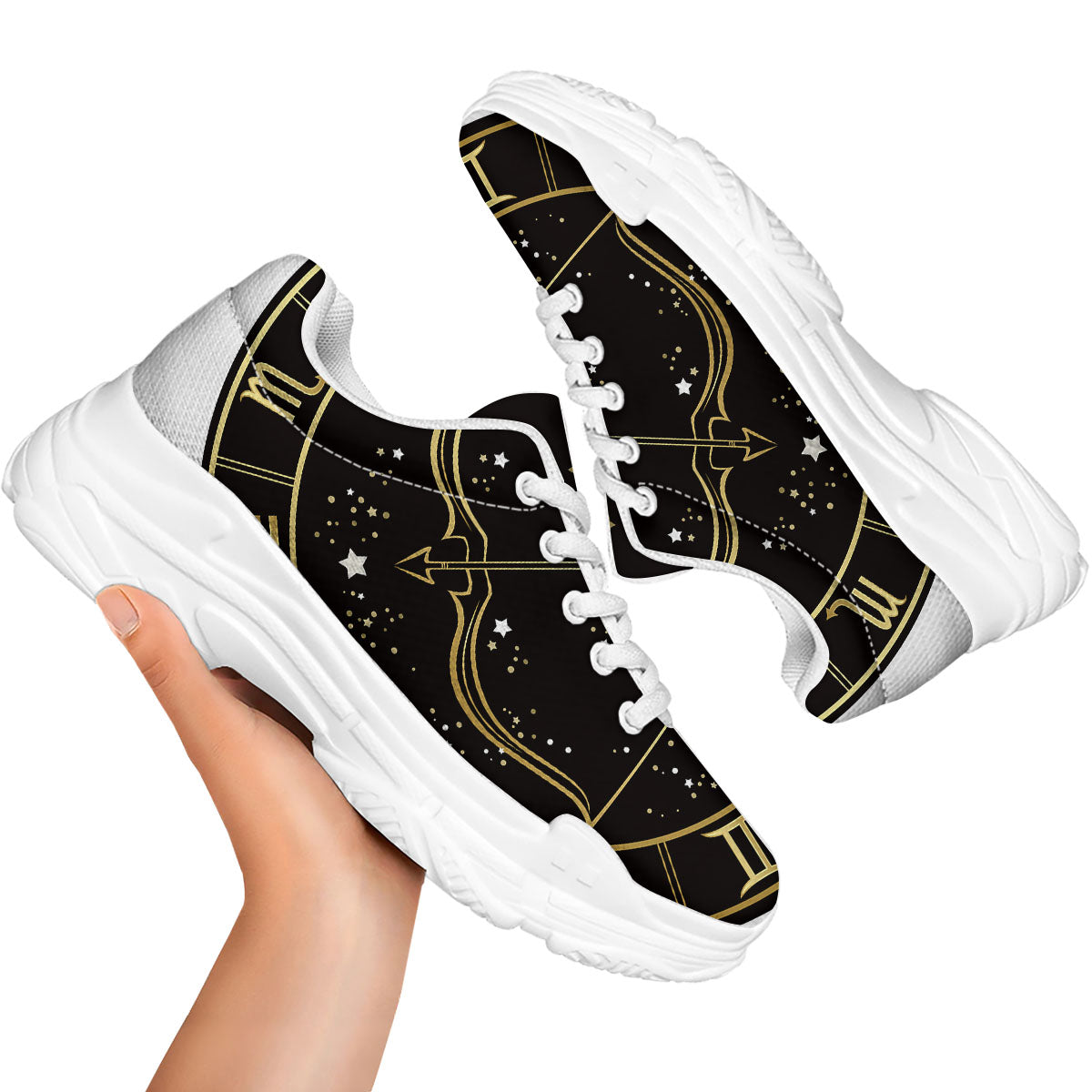 Sagittarius Sign Black And Gold Print White Chunky Shoes-grizzshop