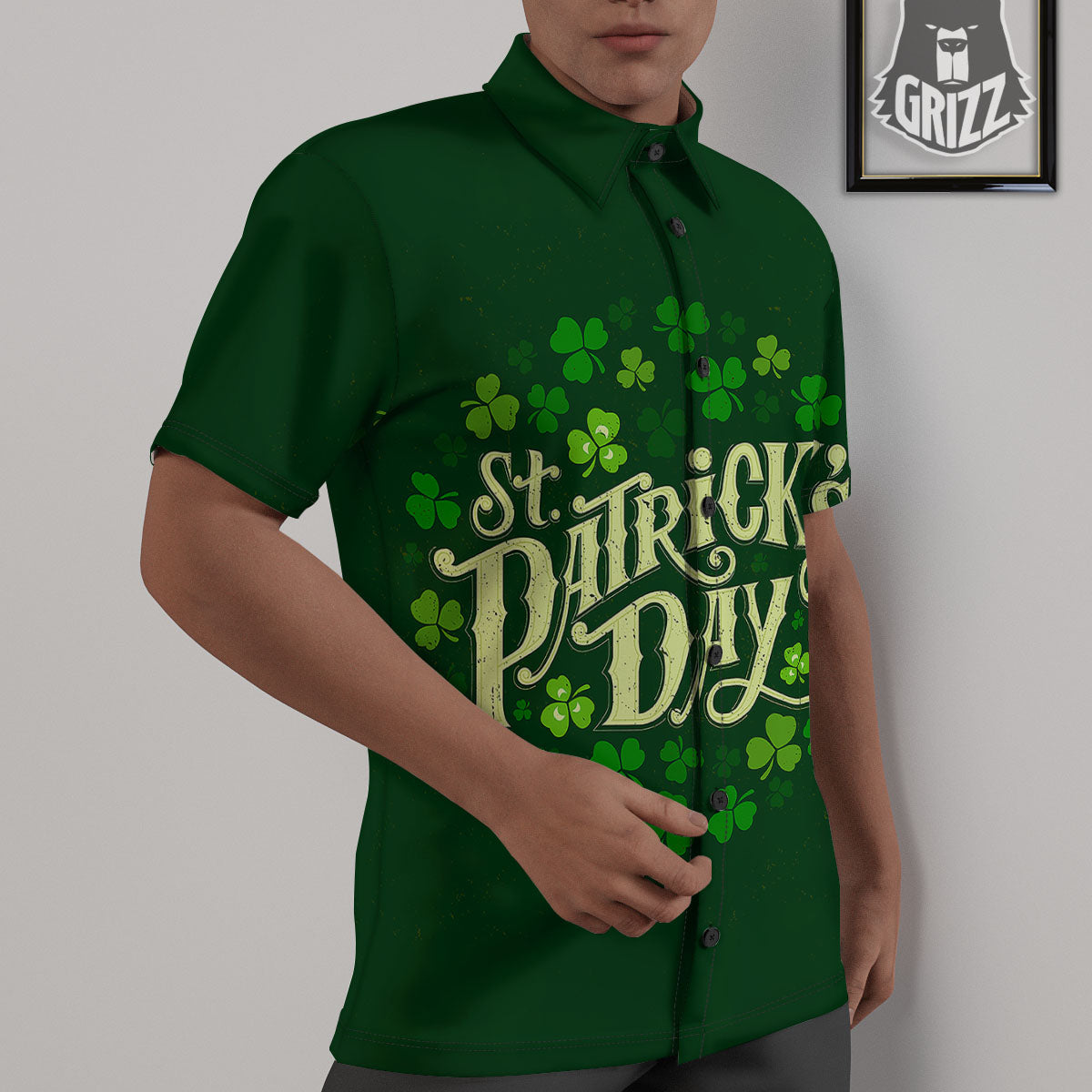 Saint Patrick's Day Green Clover Print Untucked Shirts-grizzshop