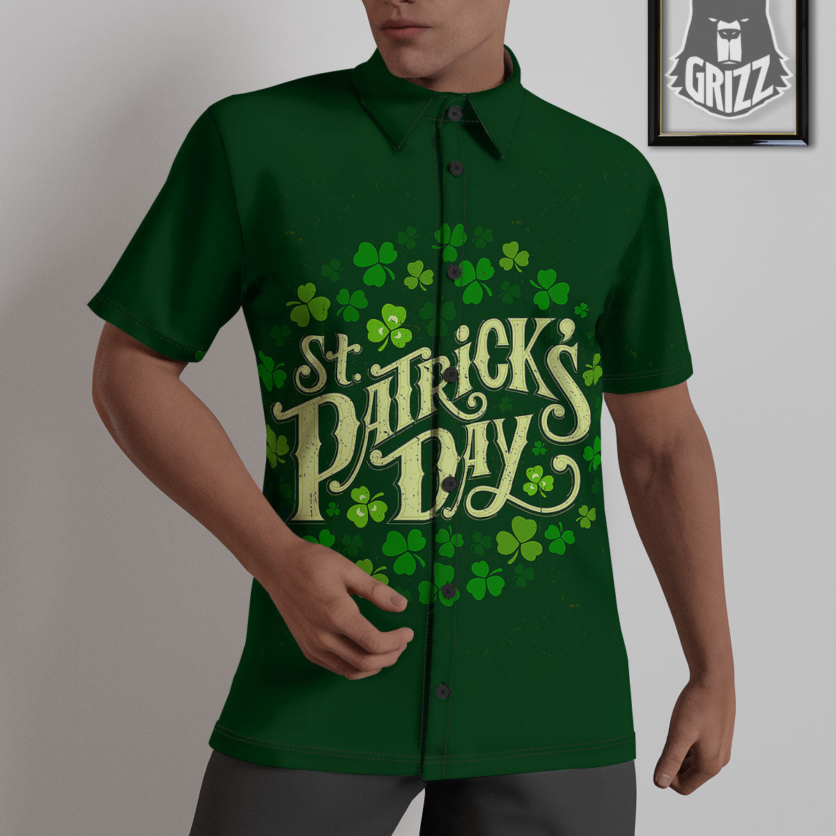Saint Patrick's Day Green Clover Print Untucked Shirts-grizzshop