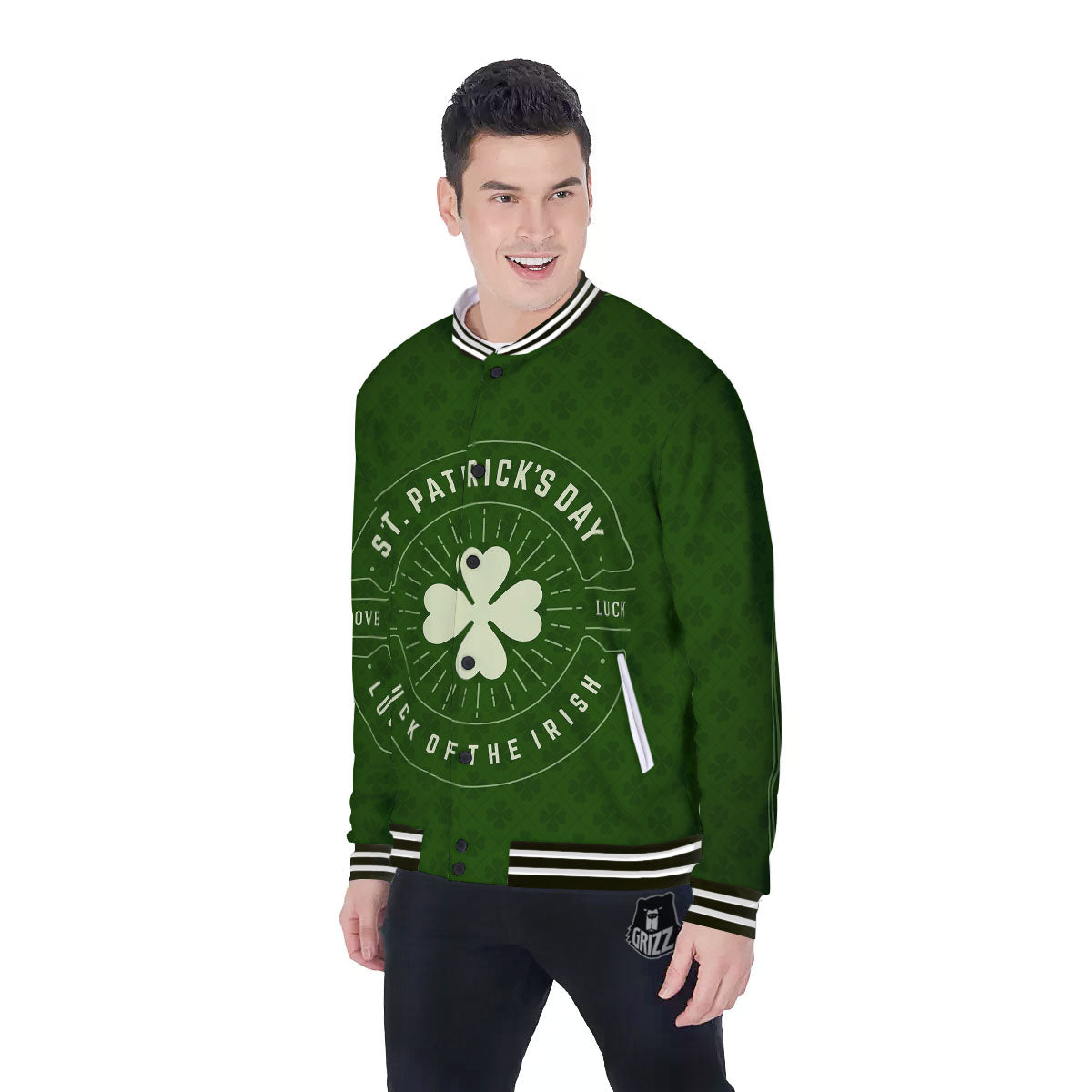 Saint Patrick's Day Irish Clover Print Baseball Jacket-grizzshop