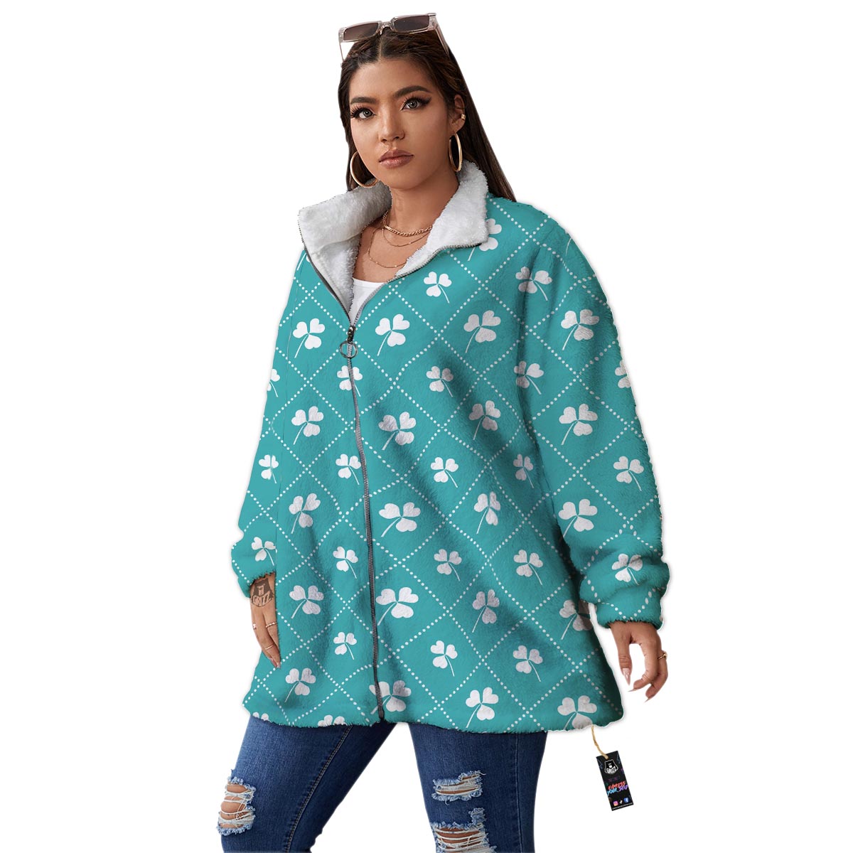 Saint Patrick's Day Shamrock Print Pattern Women's Sherpa Jacket-grizzshop