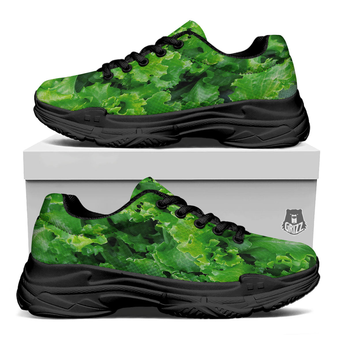 Salad Lettuce Green Print Black Chunky Shoes-grizzshop