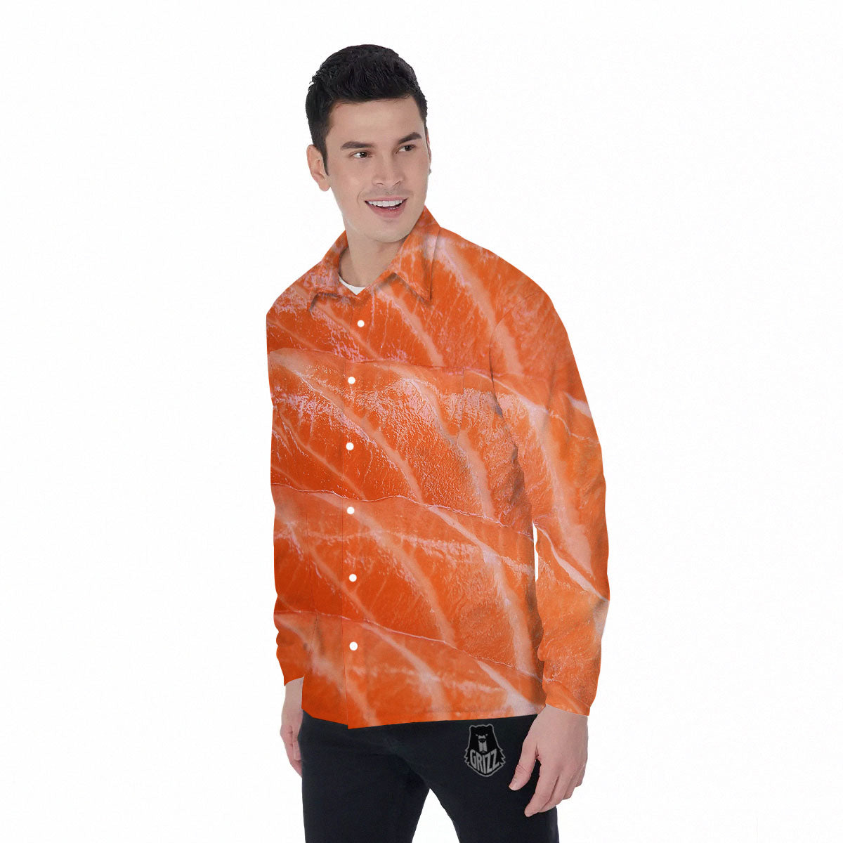 Salmon Print Men's Long Sleeve Shirts-grizzshop