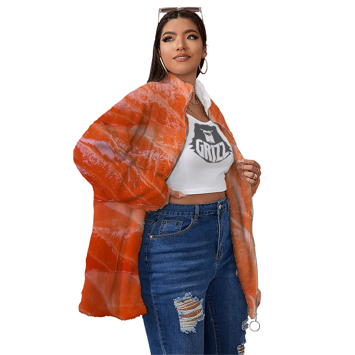 Salmon Print Women's Sherpa Jacket-grizzshop