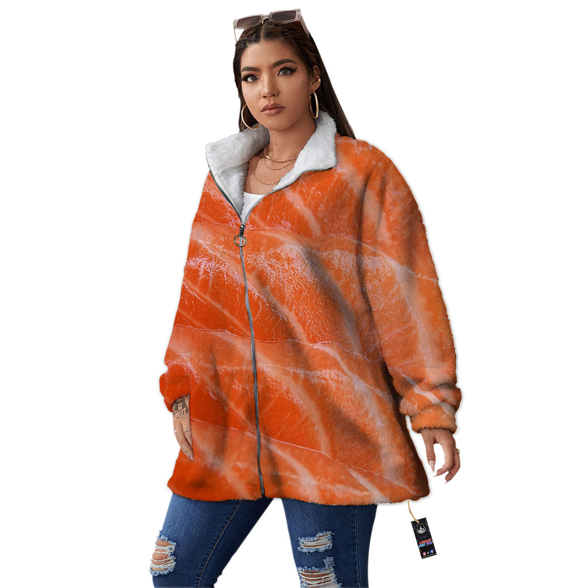 Salmon Print Women's Sherpa Jacket-grizzshop
