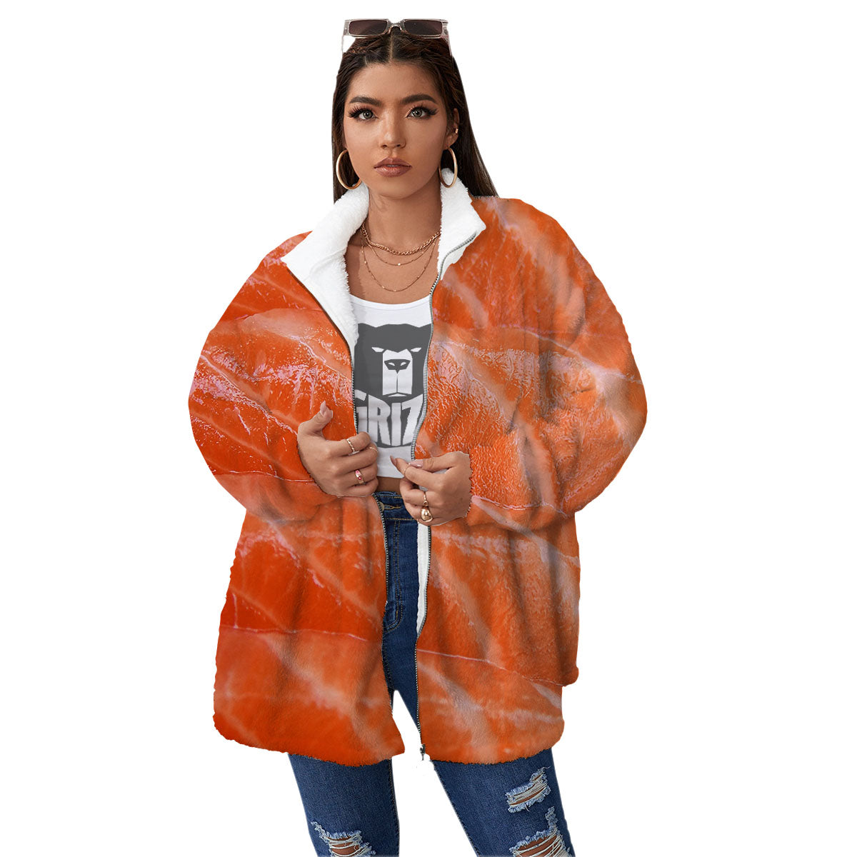 Salmon Print Women's Sherpa Jacket-grizzshop