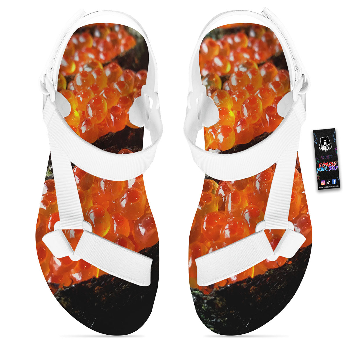 Salmon Roe Sushi Print White Open Toe Sandals-grizzshop