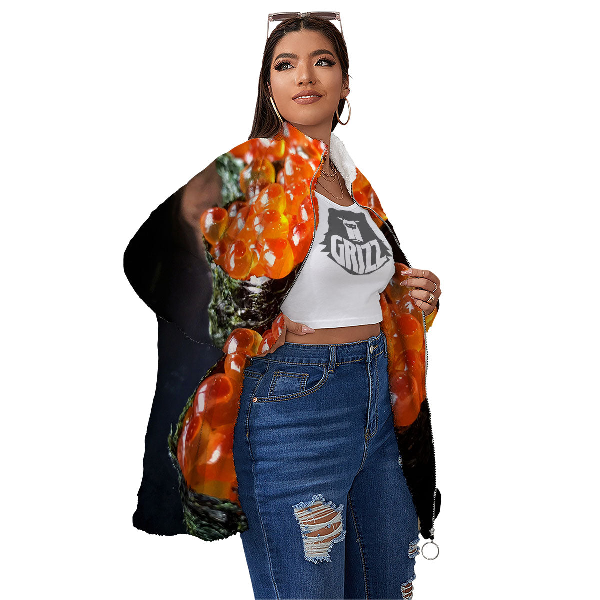 Salmon Roe Sushi Print Women's Sherpa Jacket-grizzshop