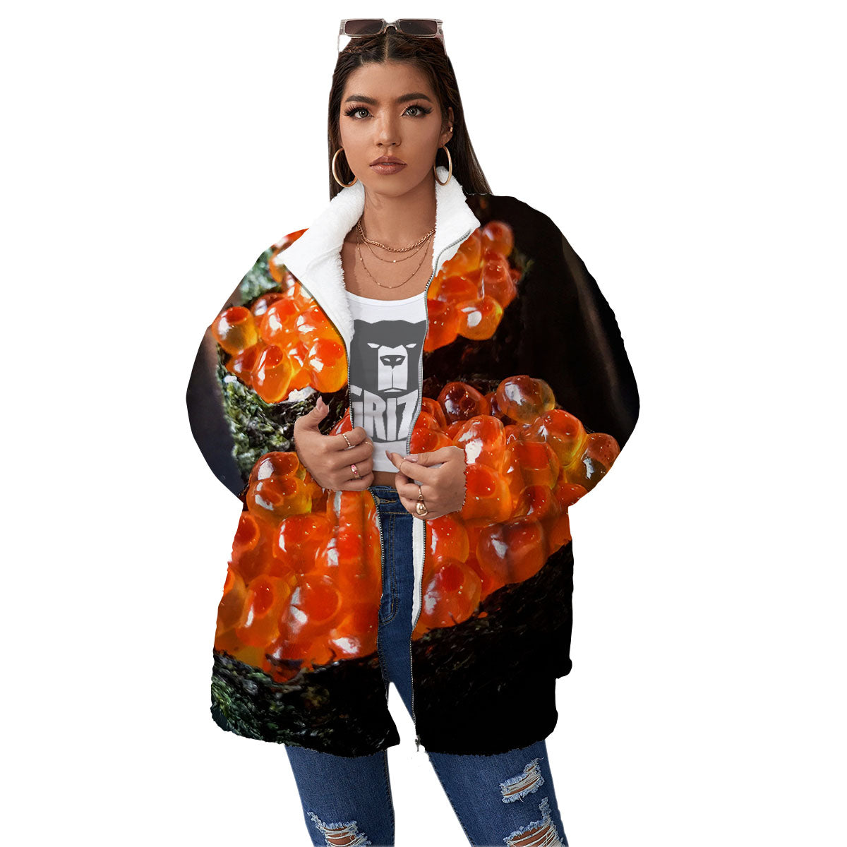 Salmon Roe Sushi Print Women's Sherpa Jacket-grizzshop