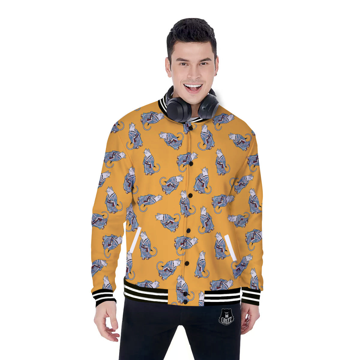 Samurai Cat Print Pattern Baseball Jacket-grizzshop