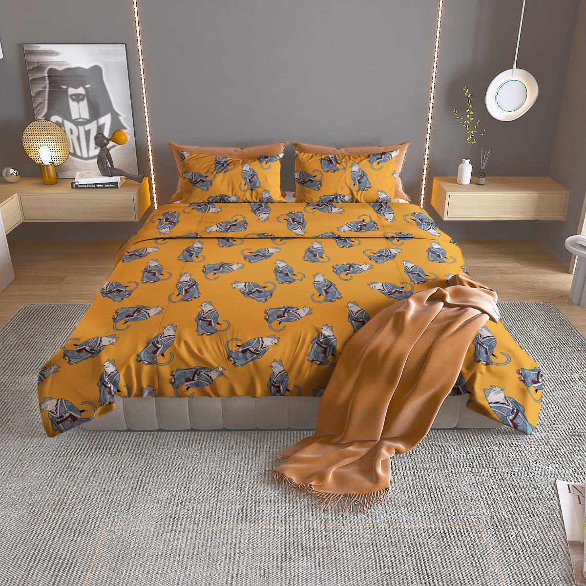 Samurai Cat Print Pattern Duvet Cover Bedding Set-grizzshop
